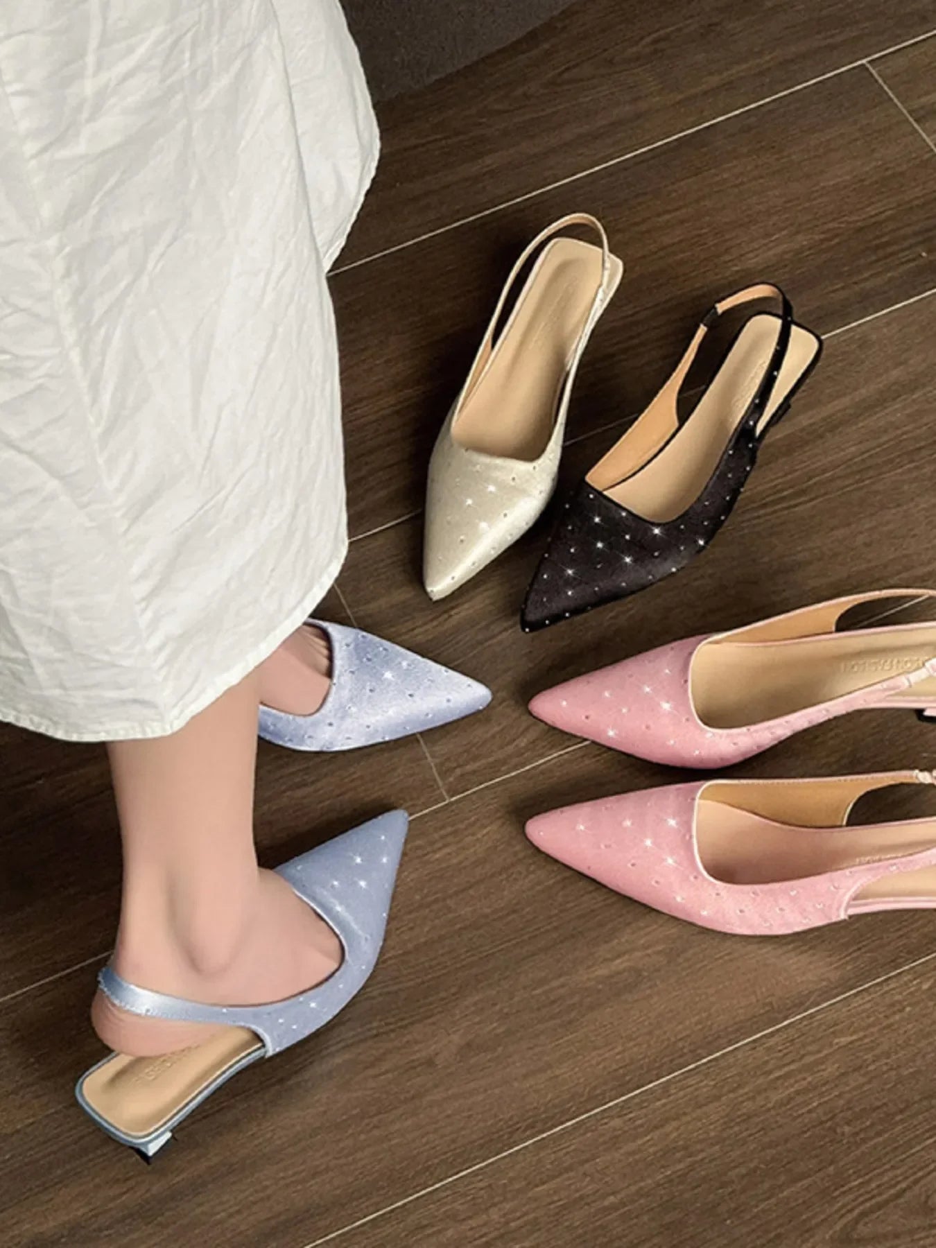 Pointed Toe Slingback Pumps With Rhinestones - Southern Shores Clothing