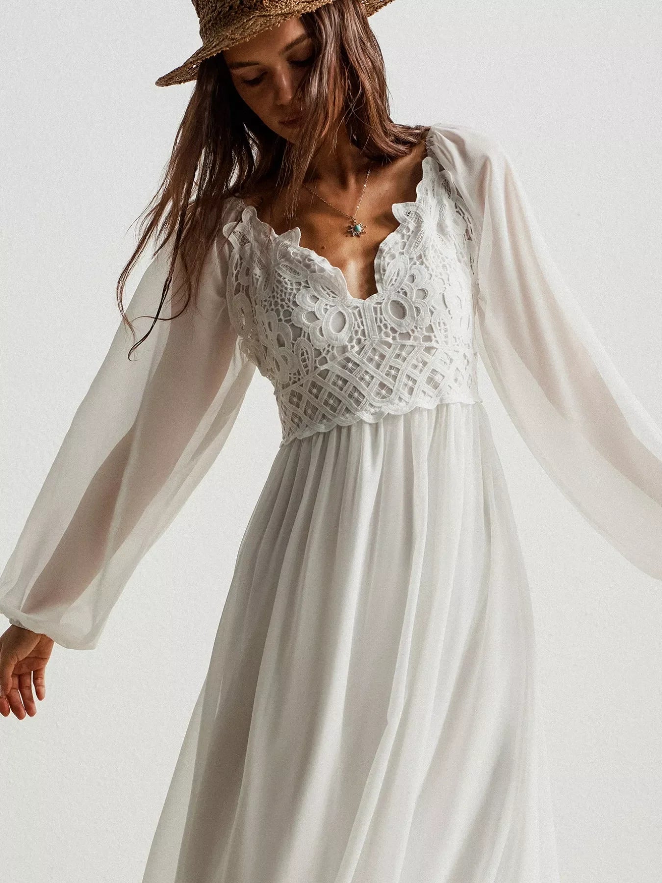 Boho Crochet Lace Maxi Dress With Smocked Bodice - Southern Shores Clothing