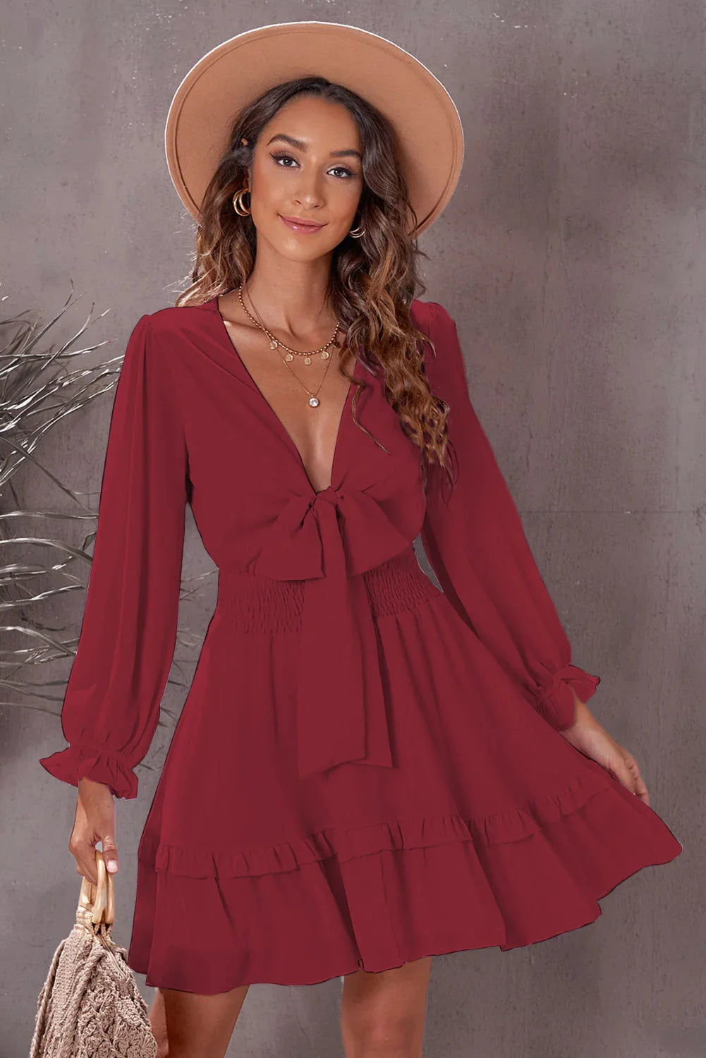 Tied Plunge Smocked Waist Flounce Sleeve Dress - Southern Shores Clothing