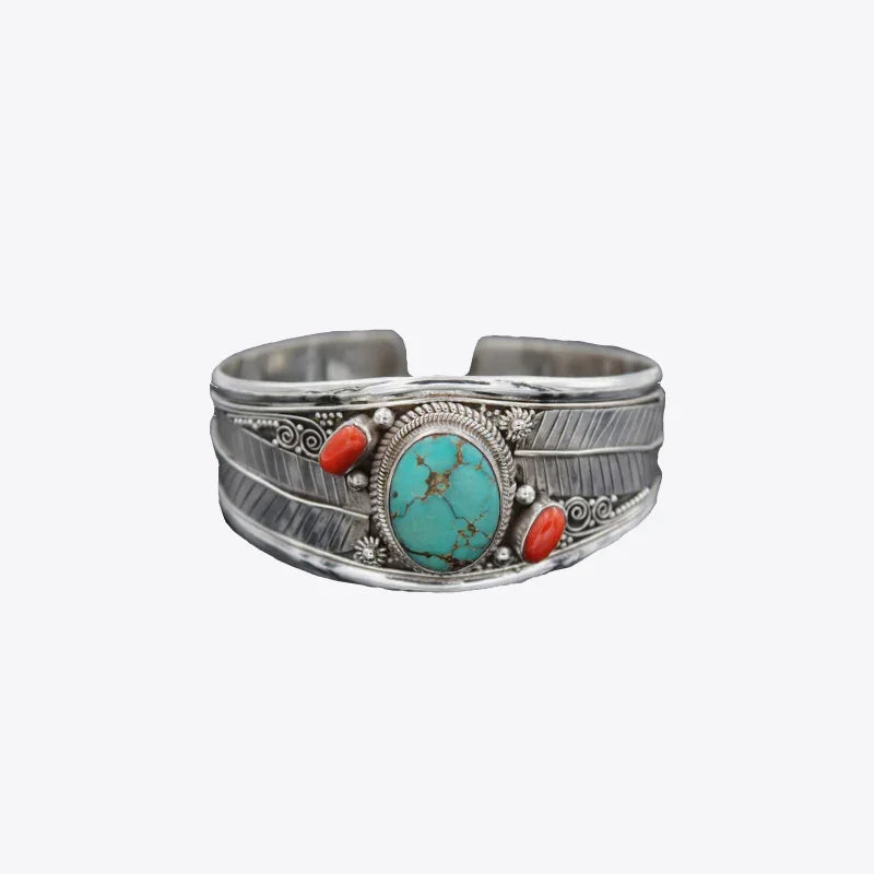 Alloy Open Bracelet Turquoise Cabochon Coral Accents - Southern Shores Clothing