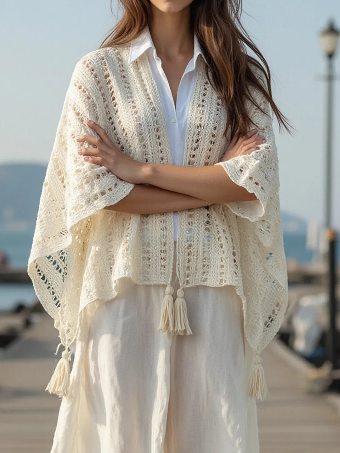 Openwork Tassel Open Front Knit Cover Up Kimono Lightweight - Southern Shores Clothing