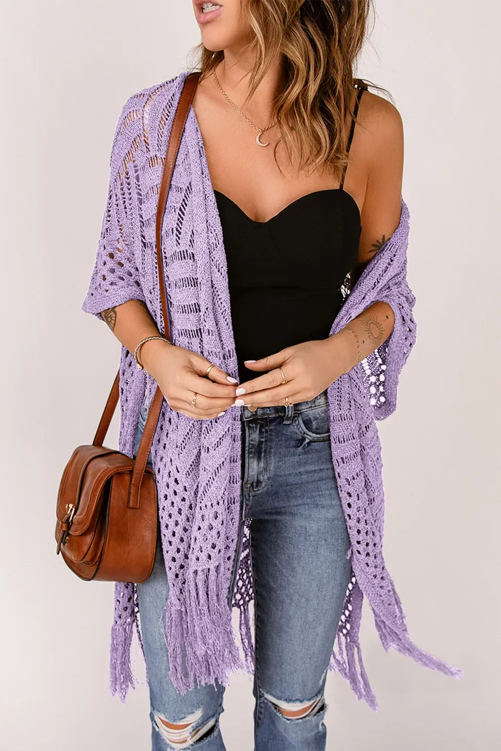 Lightweight Openwork Fringed Cardigan With Open Front - Southern Shores Clothing