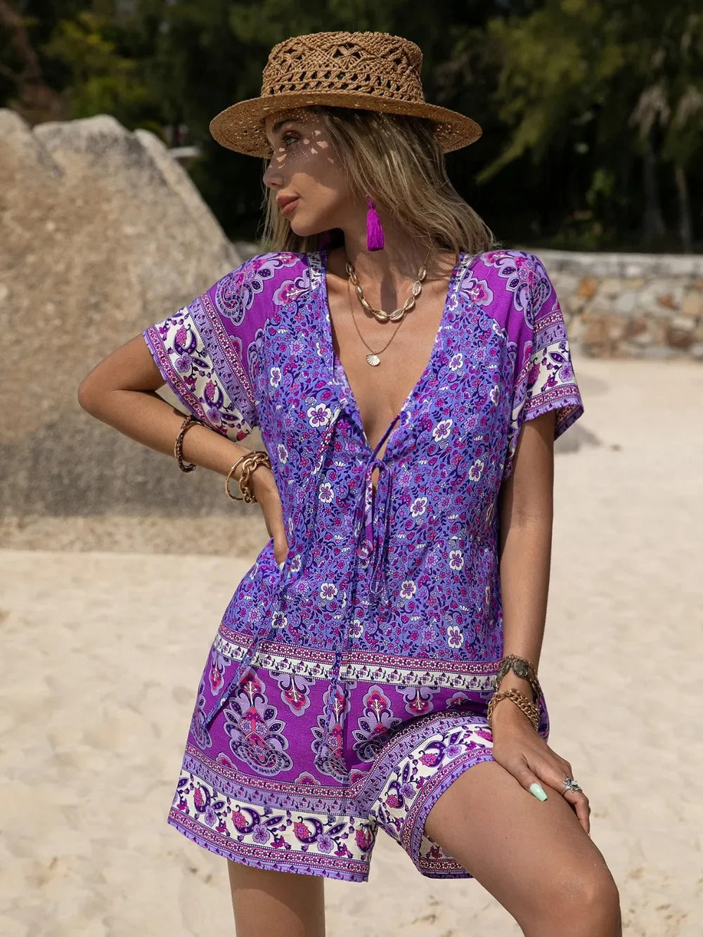 Tied Printed Short Sleeve Romper Viscose - Southern Shores Clothing
