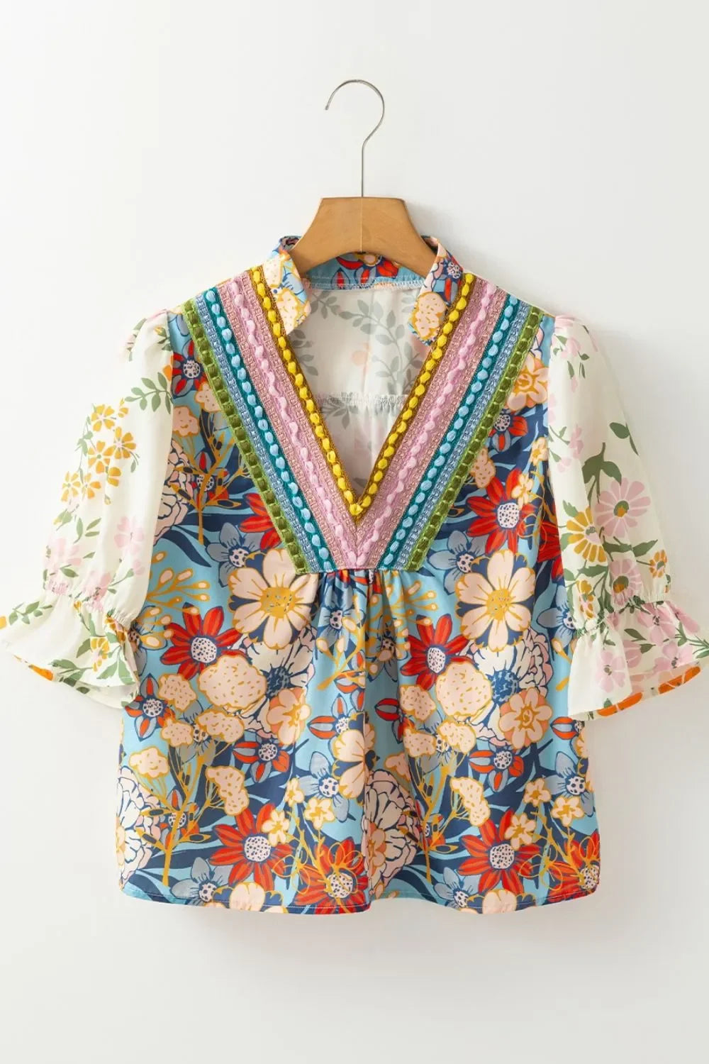 Crochet V Neck Boho Floral Blouse With Half Sleeve Casual - Southern Shores Clothing
