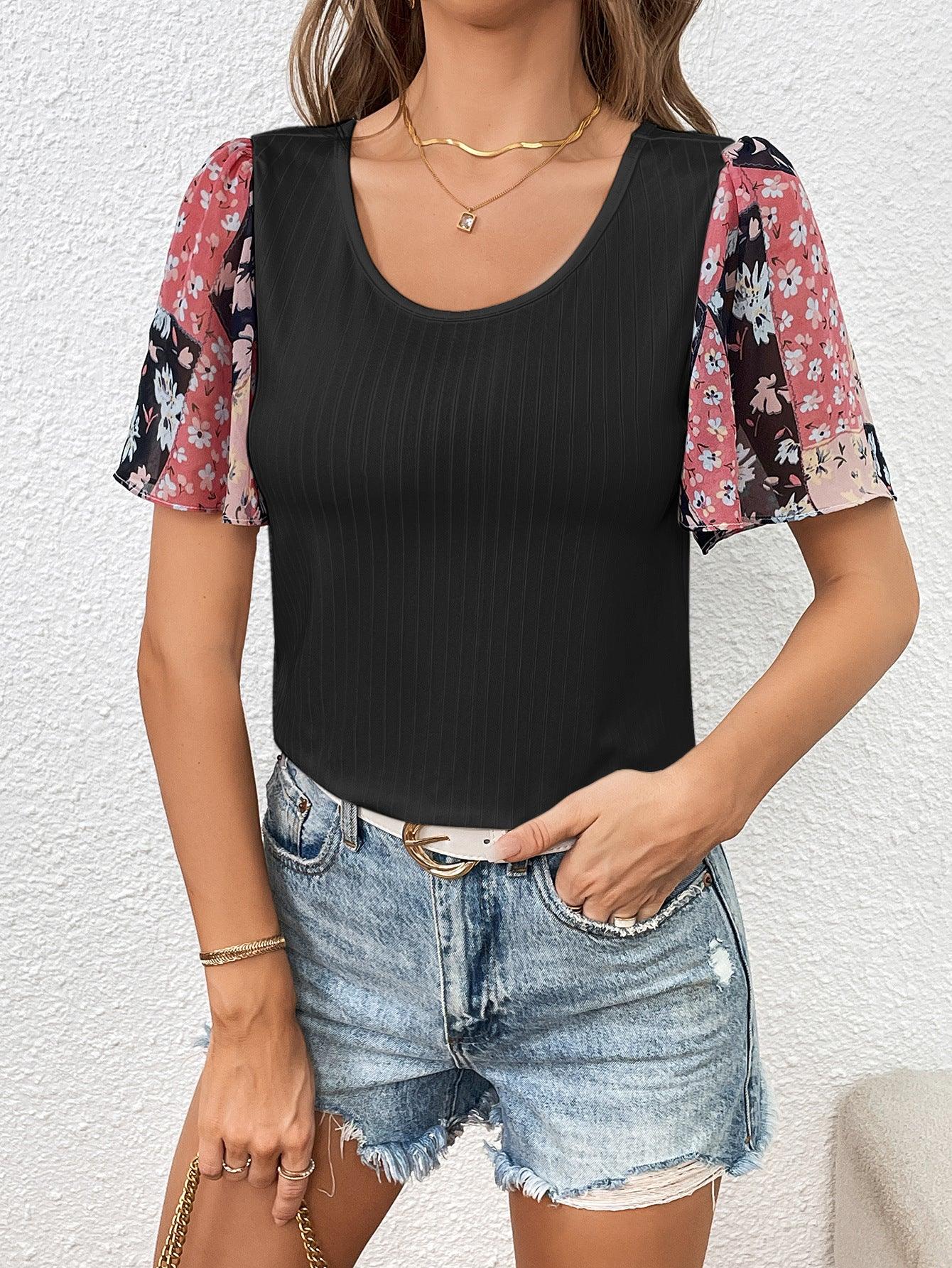 Printed Puff Sleeve Round Neck Tee With Moderate Stretch - Southern Shores Clothing
