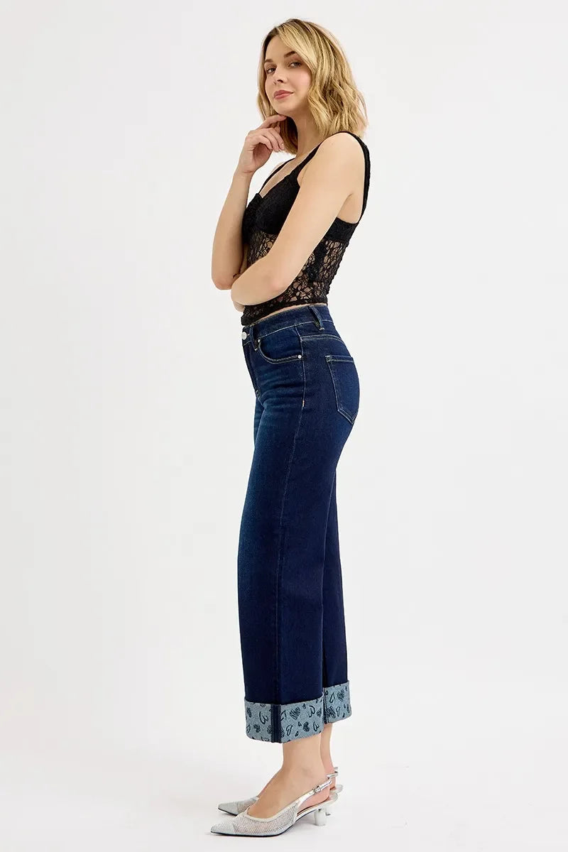 Crop Wide Jeans With Printed Cuff Plus Size - Southern Shores Clothing
