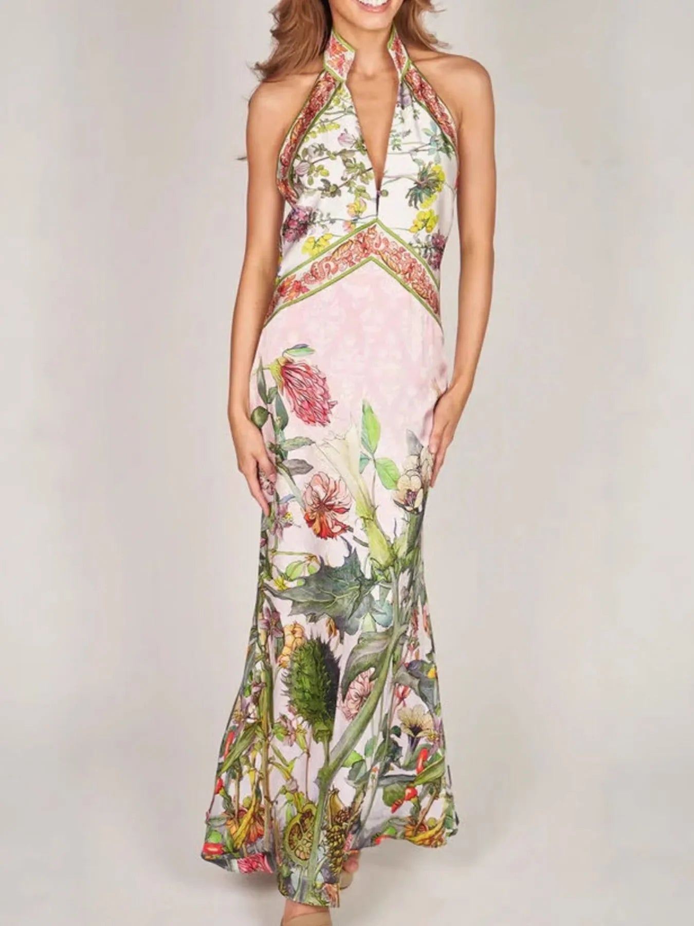 Printed Halter Neckline Backless Maxi Seagrass Dress - Southern Shores Clothing