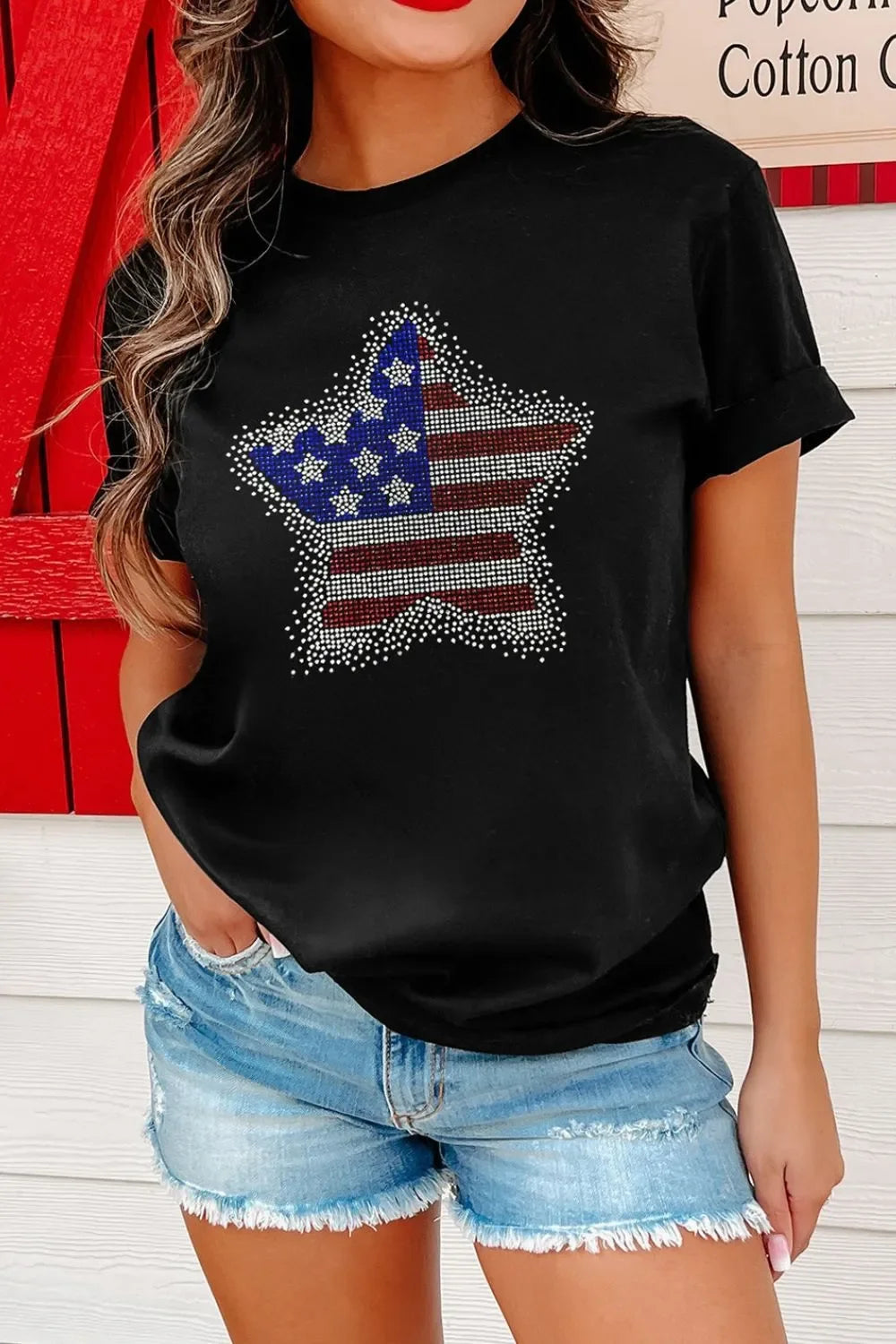 Rhinestone Round Neck Short Sleeve T Shirt With Stretch - Southern Shores Clothing