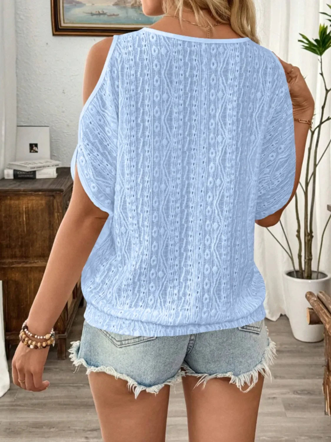 Eyelet Cold Shoulder Blouse With Round Neck - Southern Shores Clothing