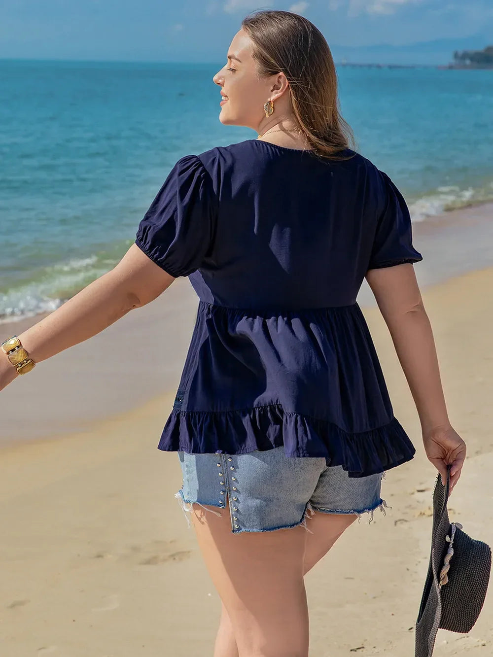 Plus Size Peplum V-Neck Short Sleeve Openwork Blouse - Southern Shores Clothing