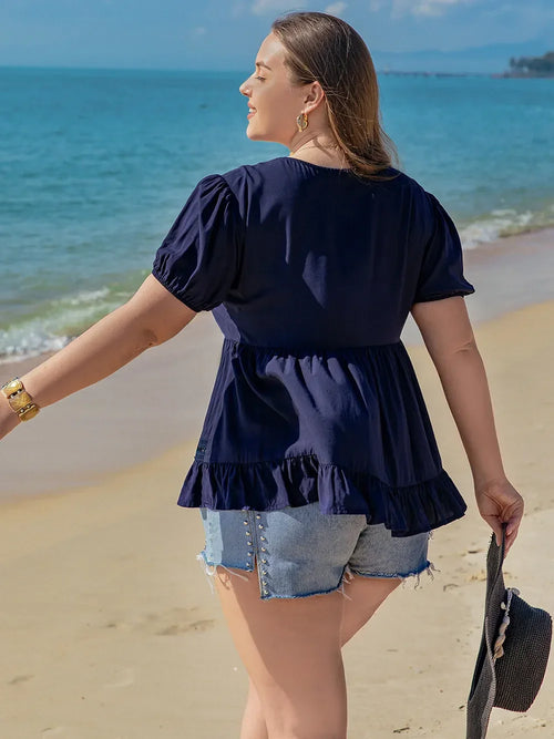 Plus Size Peplum V-Neck Short Sleeve Openwork Blouse - Southern Shores Clothing