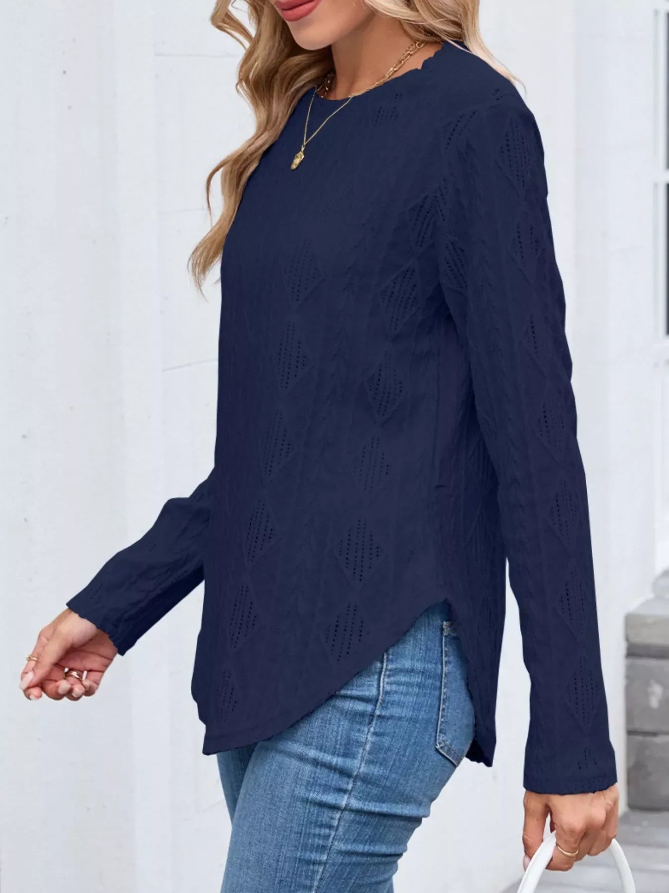 Openwork Textured Long Sleeve Top - Southern Shores Clothing