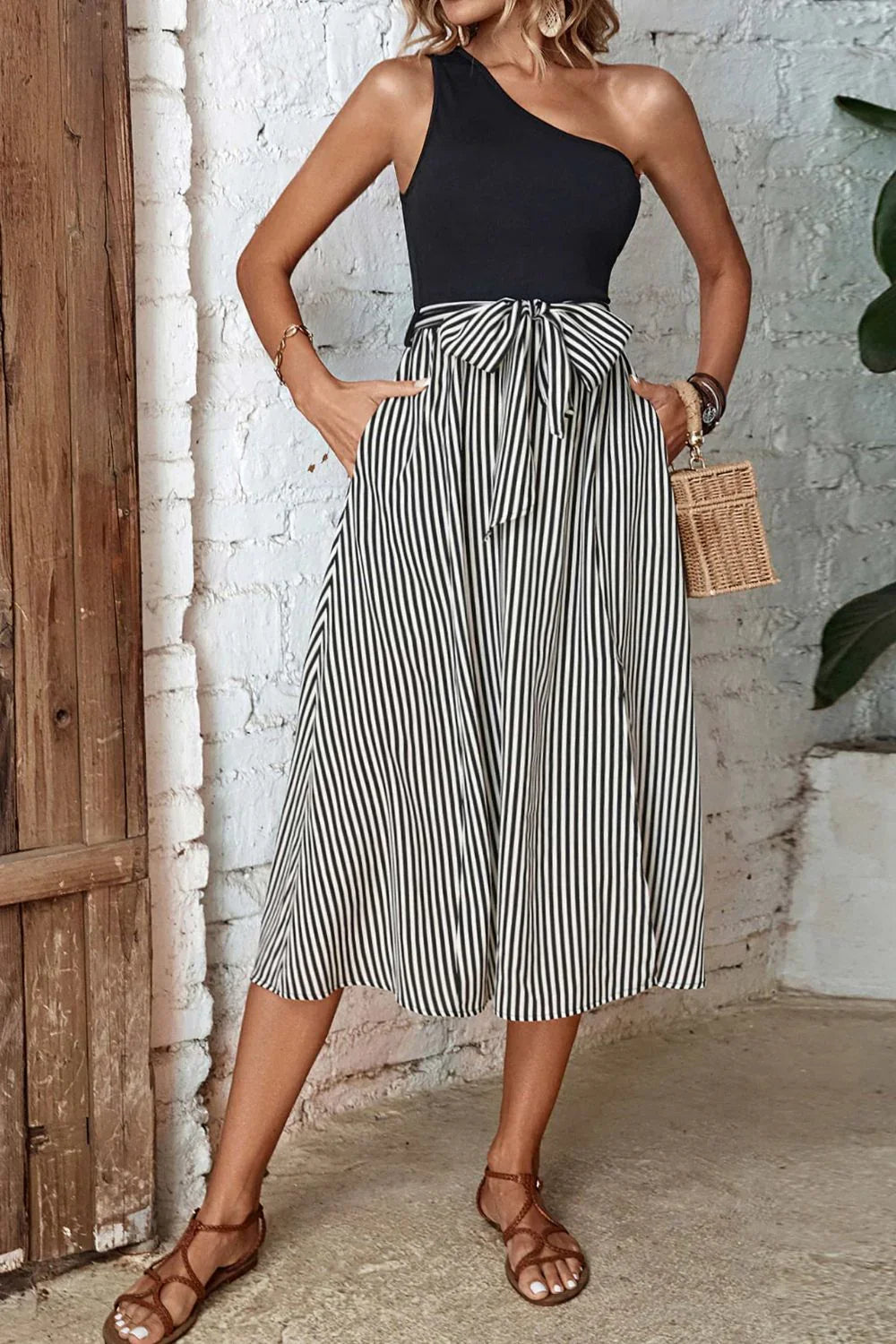 Striped One-Shoulder Slit Midi Dress Casual Daywear - Southern Shores Clothing