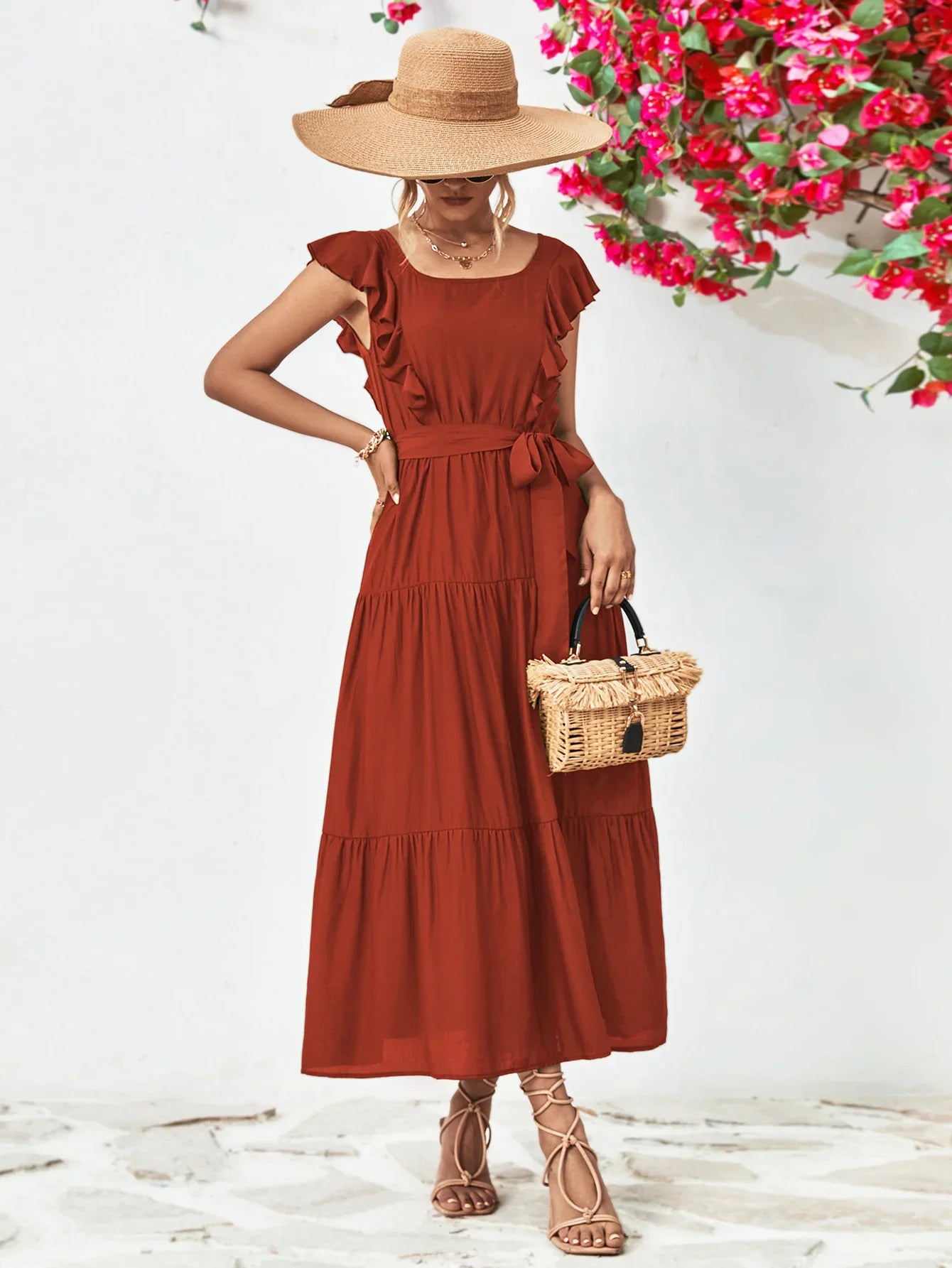 Tie Belt Ruffled Tiered Dress - Southern Shores Clothing