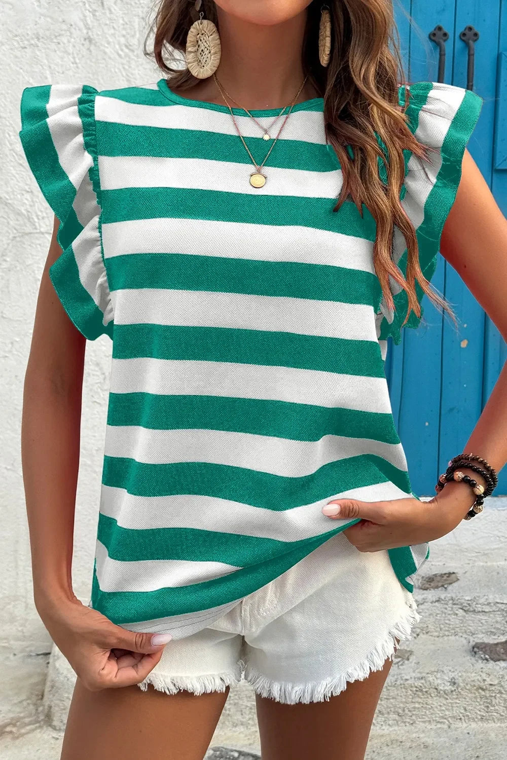 Ruffle Sleeve Striped Tee With Stretchy Fabric - Southern Shores Clothing
