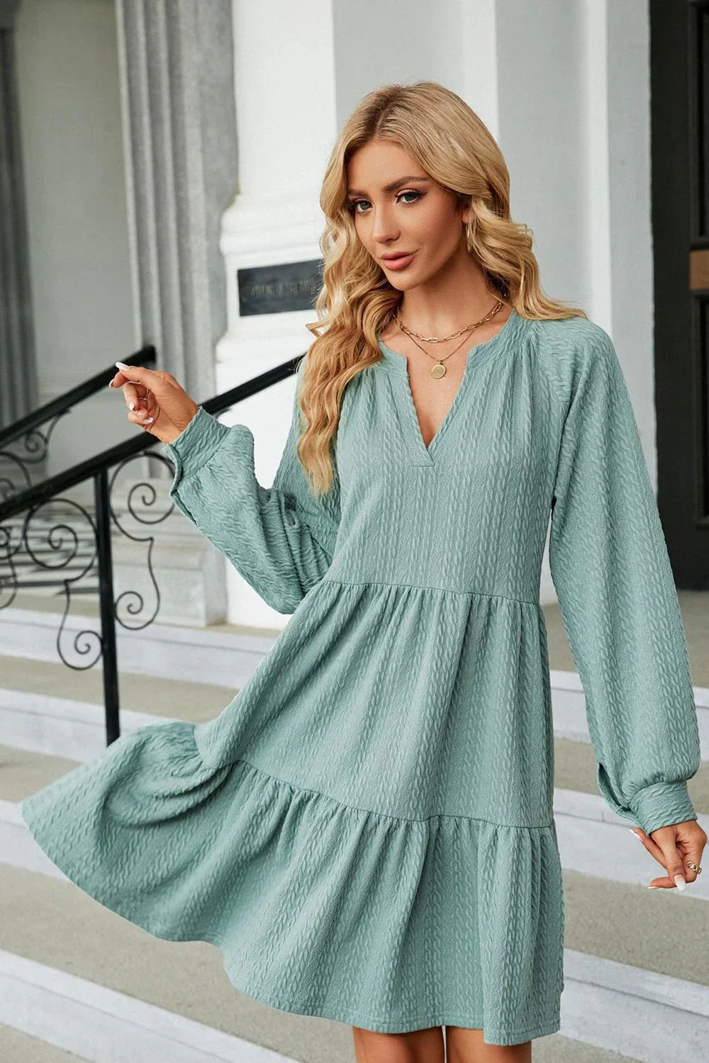 Notched Neck Long Sleeve Mini Dress - Southern Shores Clothing