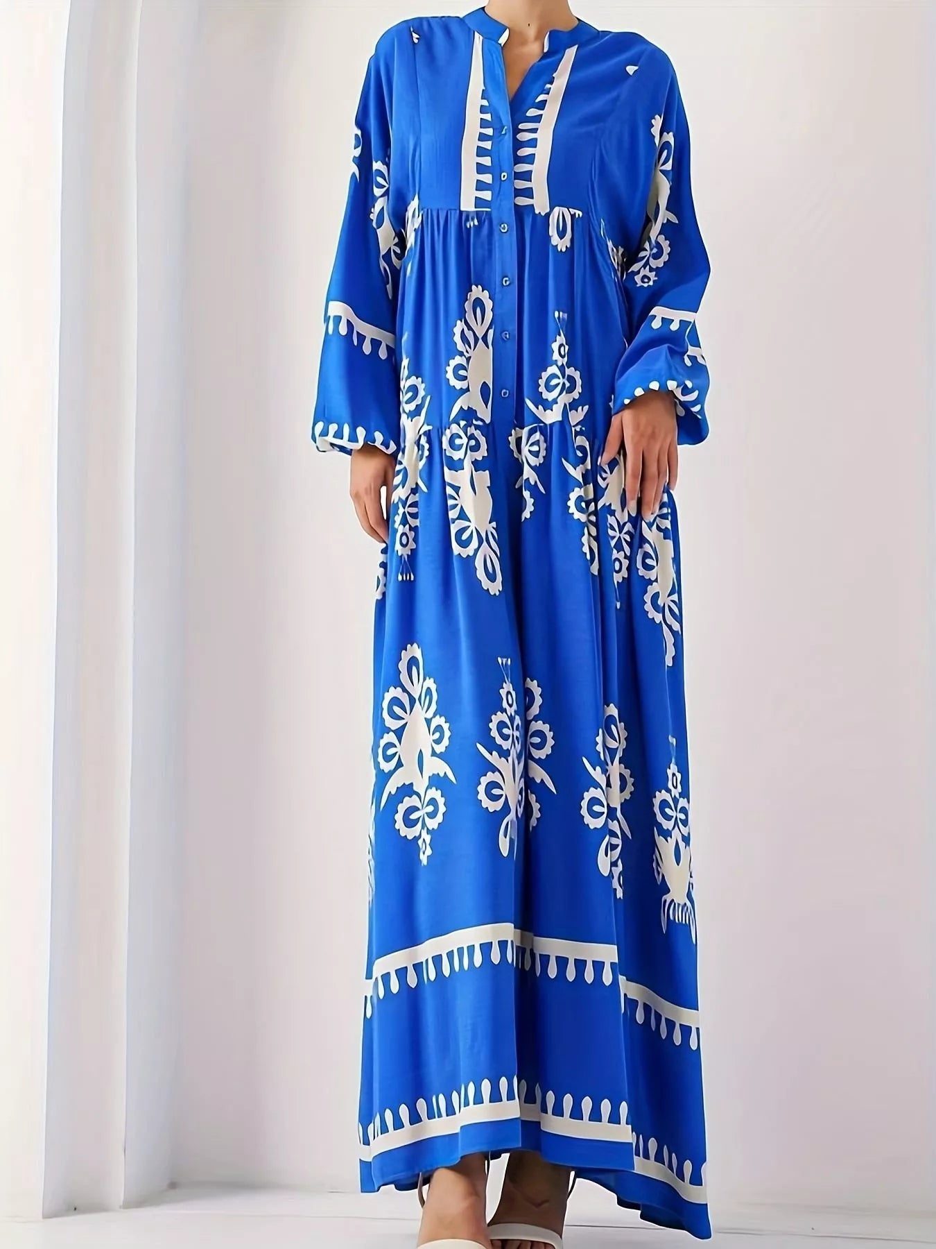 Buttoned Long Sleeve Bohemian Print Maxi Dress