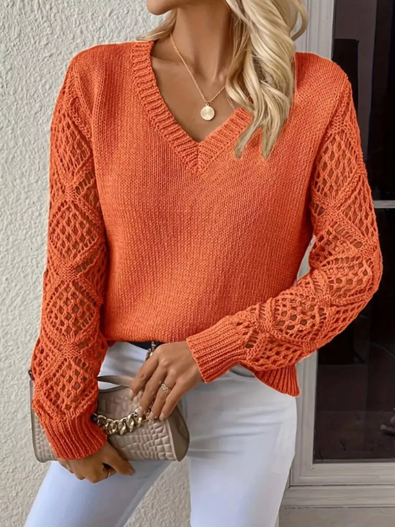 Openwork Stretch V-Neck Long Sleeve Sweater - Southern Shores Clothing