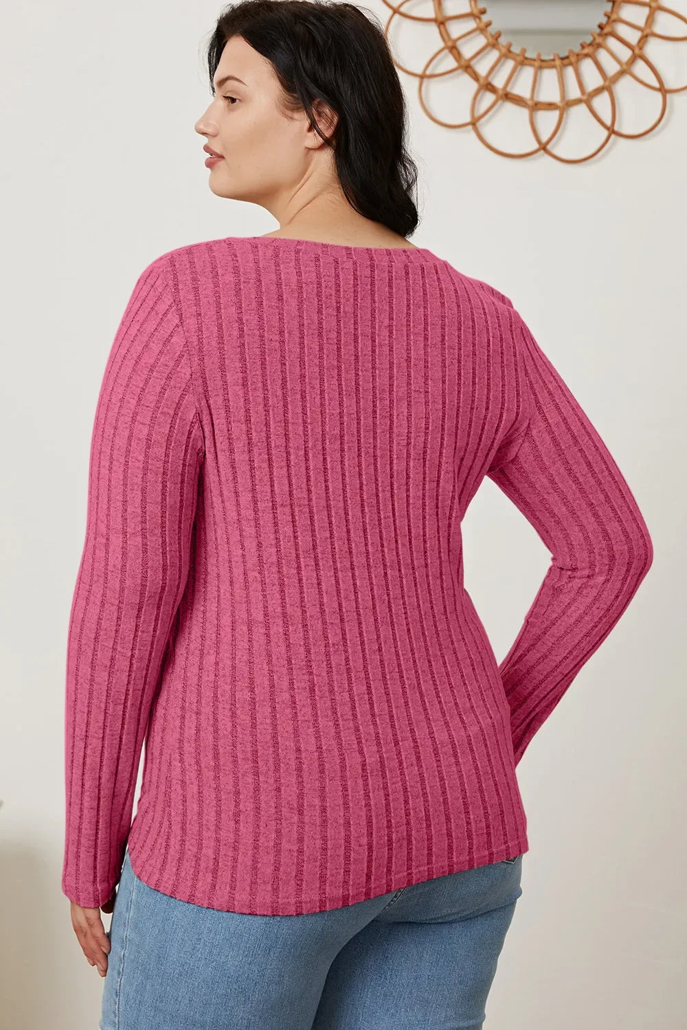 Classic Ribbed V-Neck Long Sleeve Knit Tee Top - Southern Shores Clothing