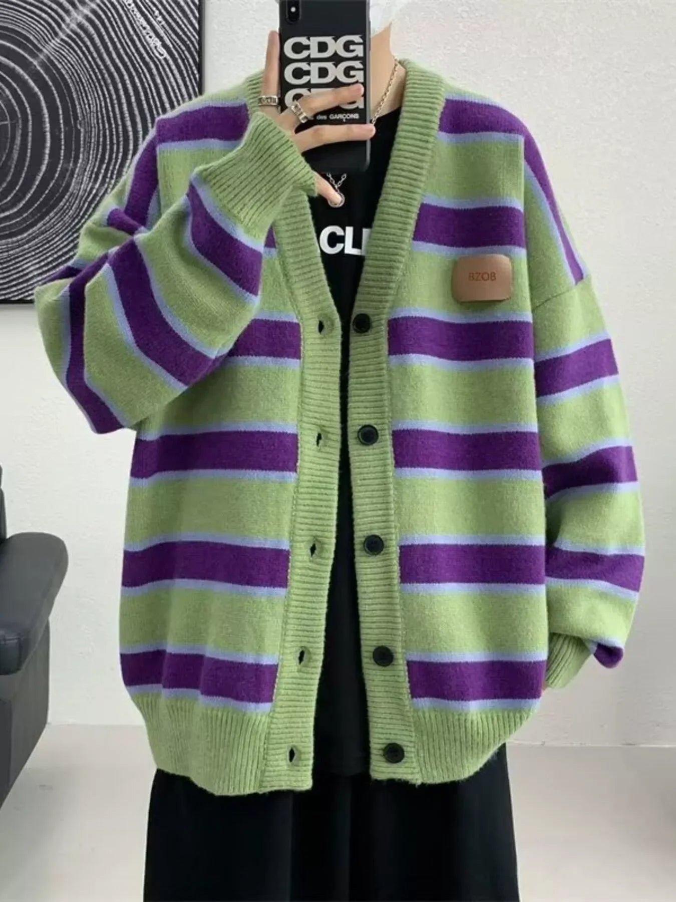 Striped V-Neck Oversized Cardigan Relaxed Fit - Southern Shores Clothing