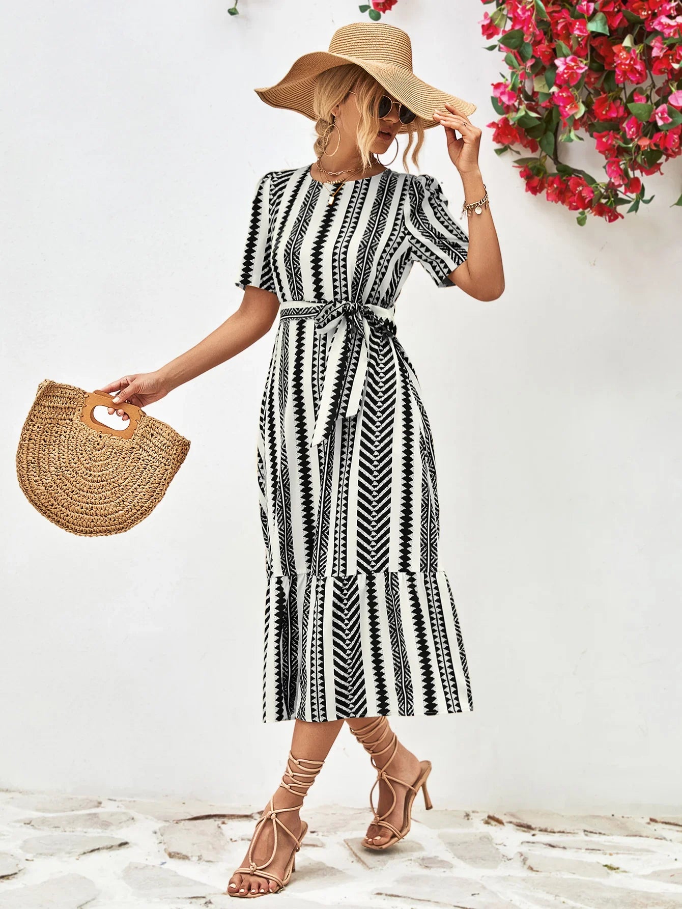 Striped Tie Belt Round Neck Puff Sleeve Dress - Southern Shores Clothing