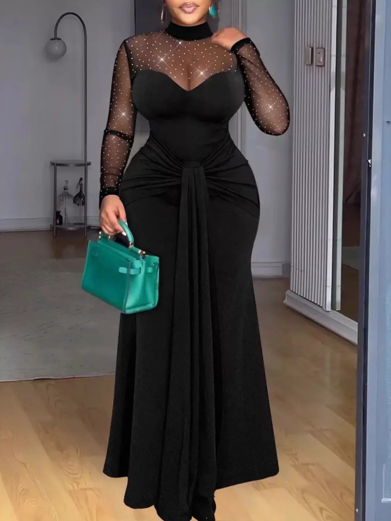 Sleek Mesh Mock Neck Long Sleeve Maxi Dress