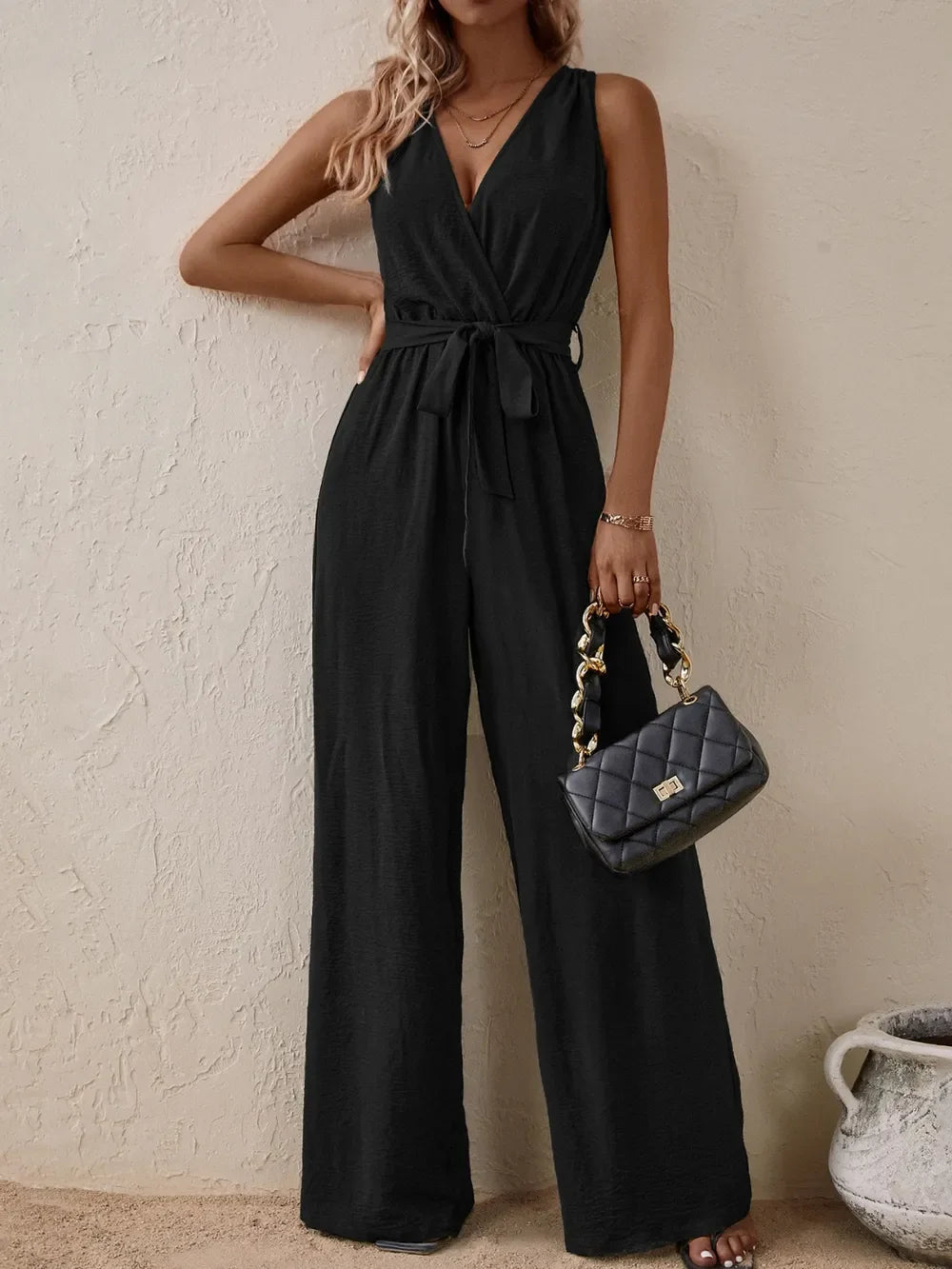 Tied Surplice Sleeveless Wide Leg Jumpsuit - Southern Shores Clothing