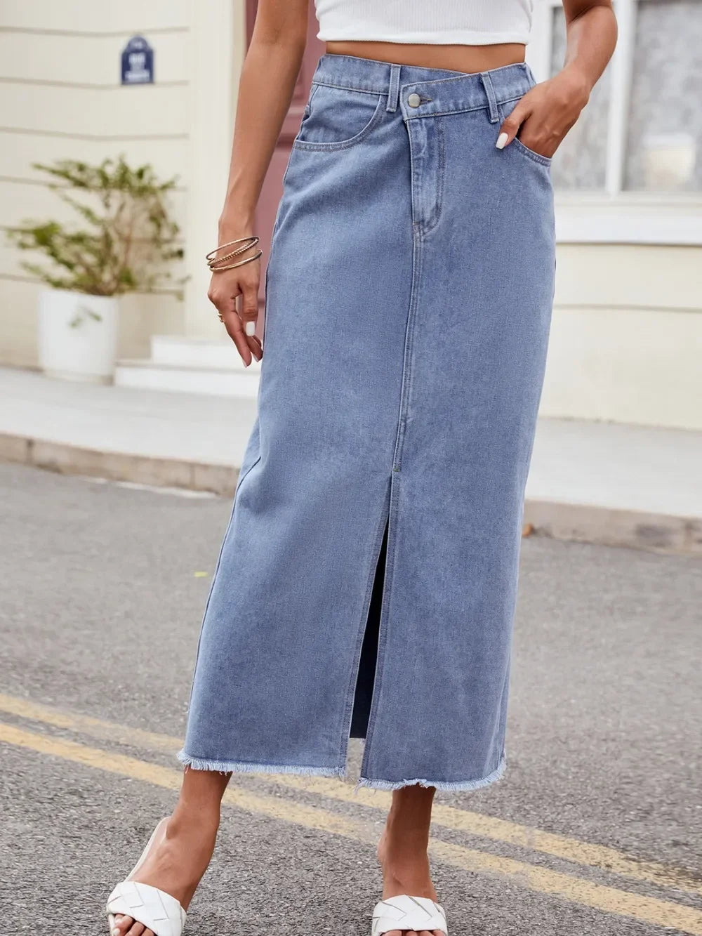 Slit Asymmetrical Waist Denim Skirt With Stretch - Southern Shores Clothing