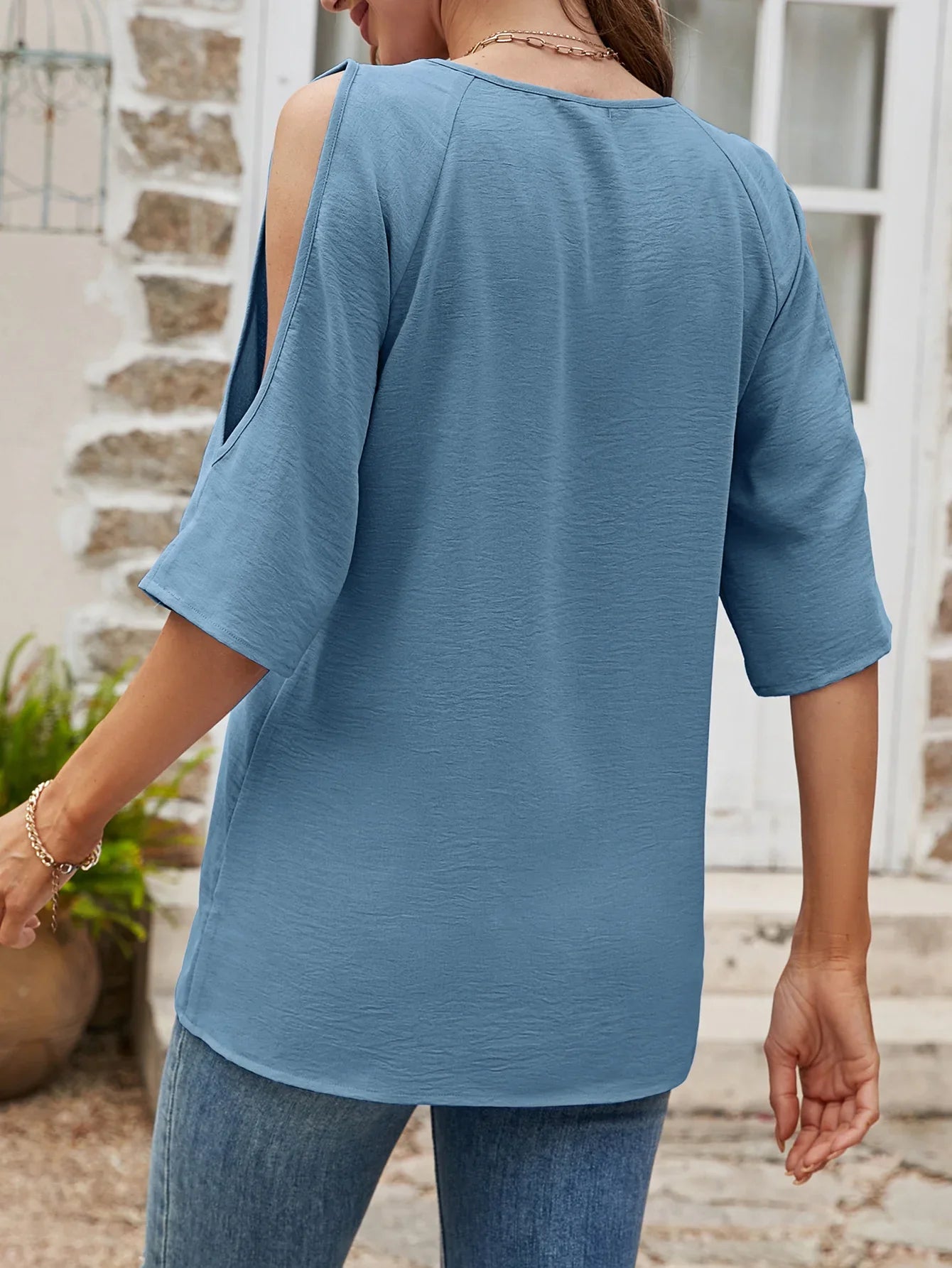 Textured Round Neck Split Sleeve Polyester Top - Southern Shores Clothing