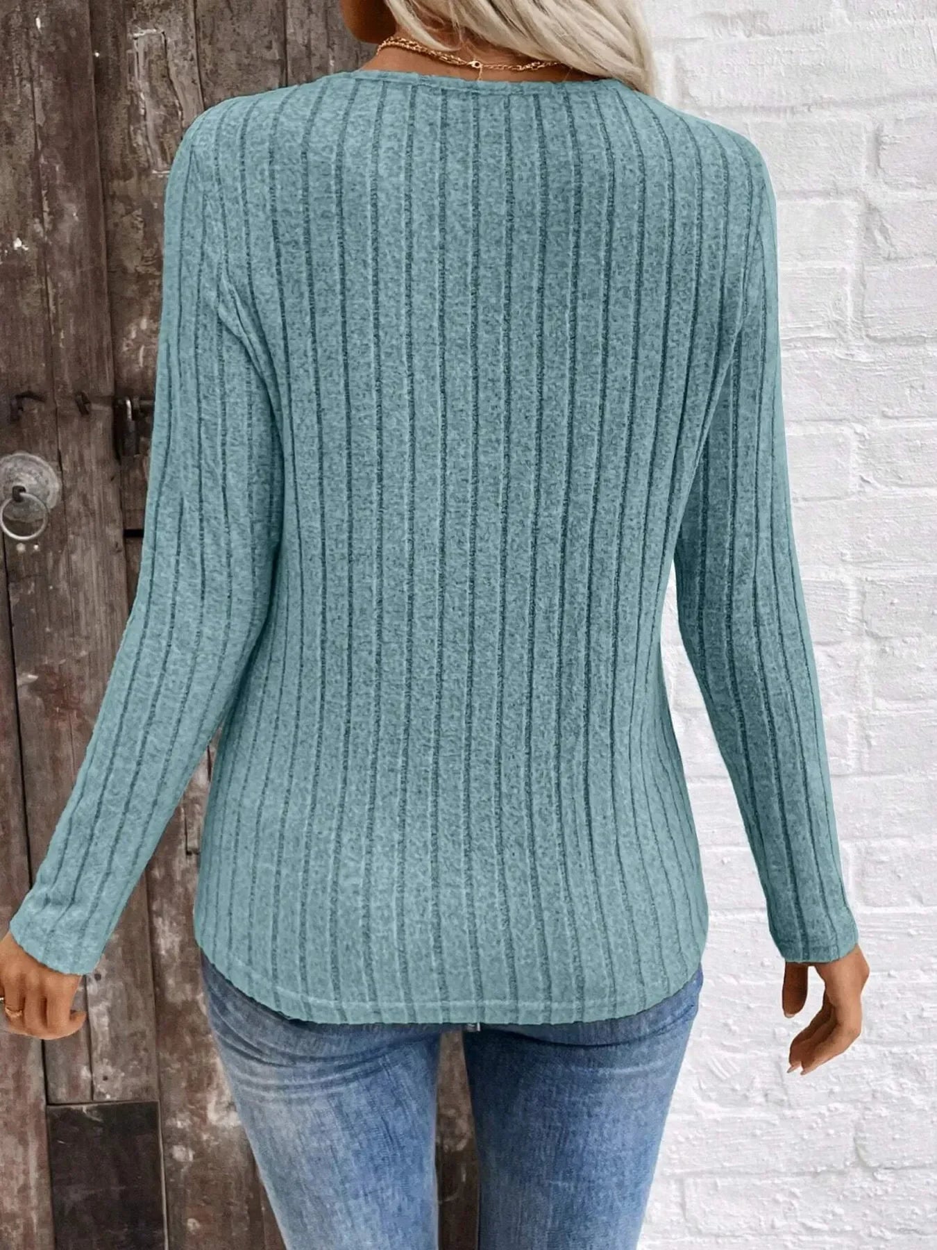 Ribbed V-Neck Long Sleeve Knit T-Shirt - Southern Shores Clothing