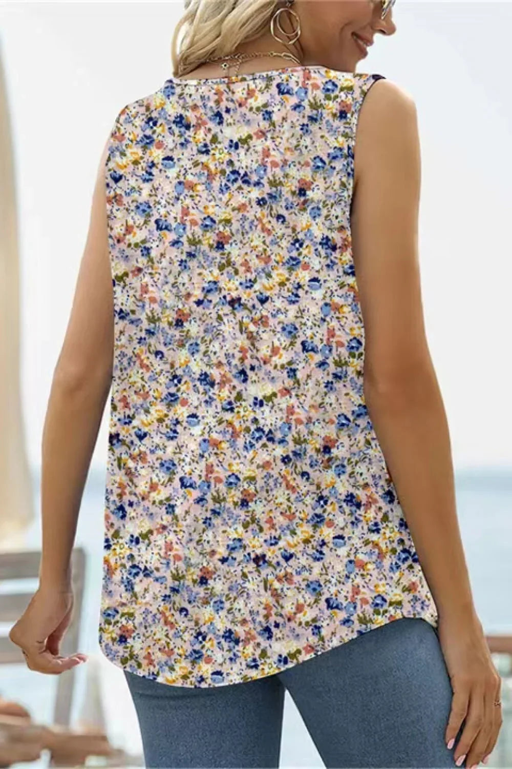 Printed Floral Square Neck Stretch Tank Top - Southern Shores Clothing