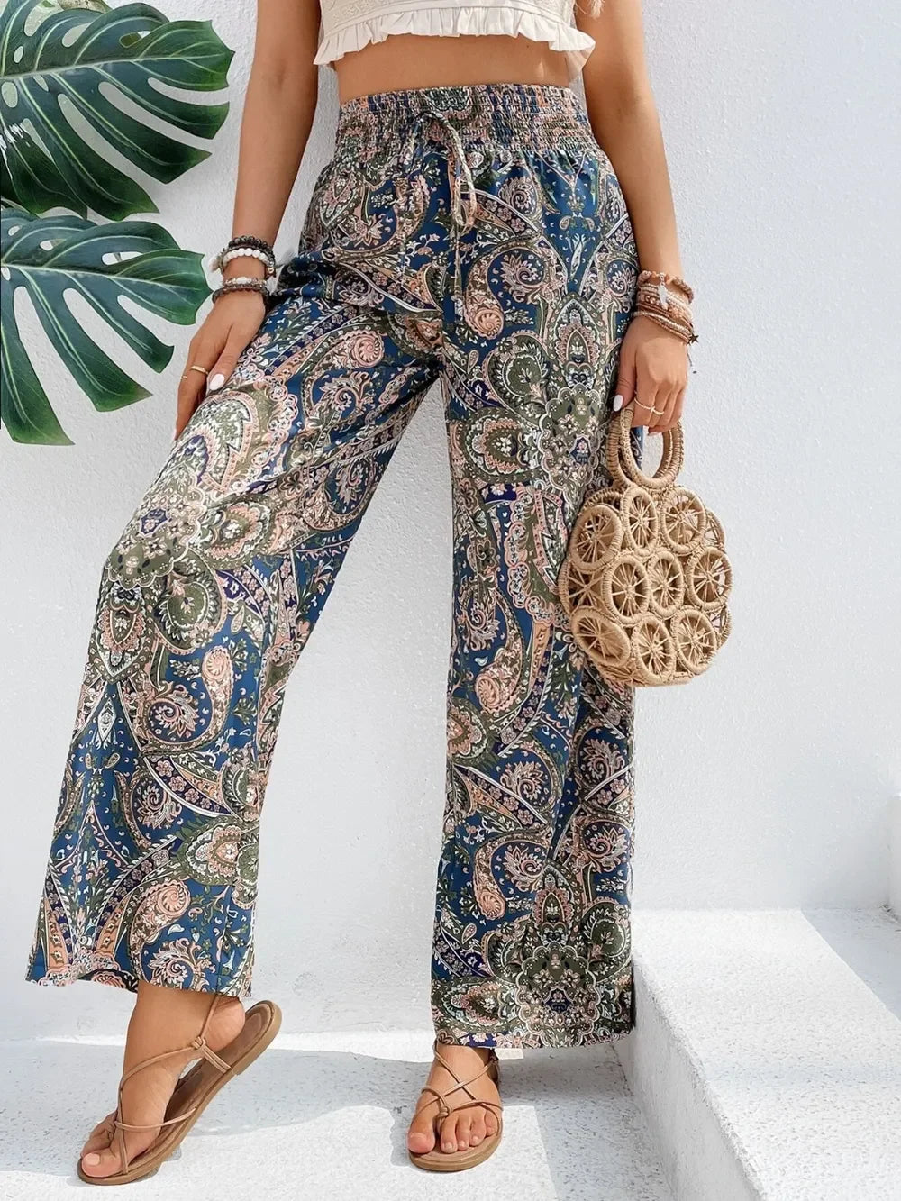 Printed Wide Leg Pants With Paisley Print Drawstring Waist - Southern Shores Clothing
