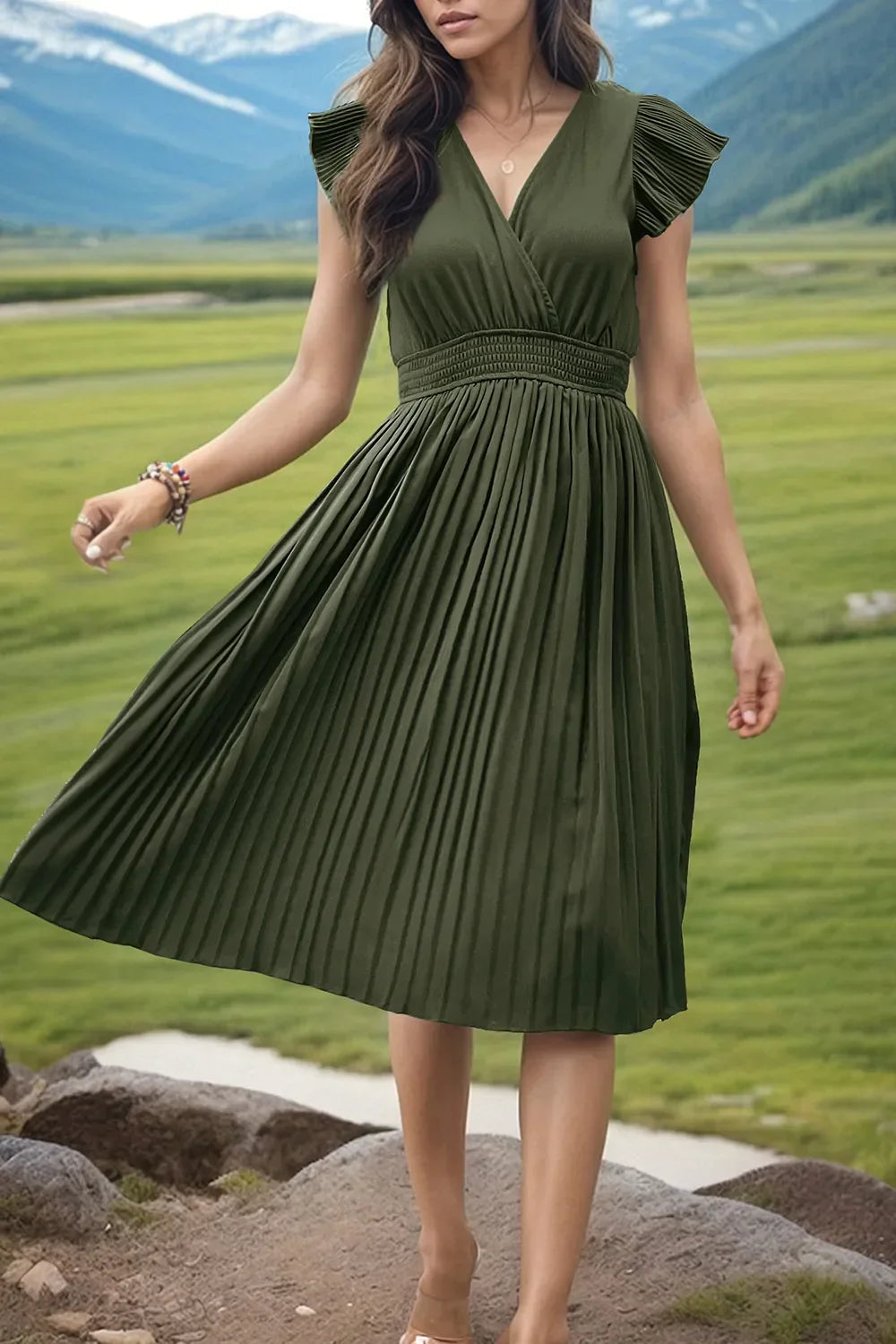 Perfee Tied Smocked Waist Flutter Sleeve Dress - Southern Shores Clothing