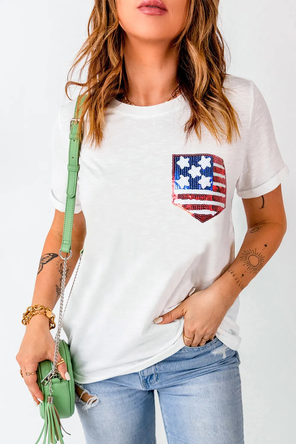 Women's US Flag Print Round Neck Short Sleeve T-Shirt