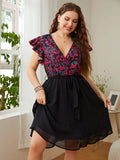 Honey Plus Size Floral Surplice Neck Flutter Sleeve Dress - Southern Shores Clothing