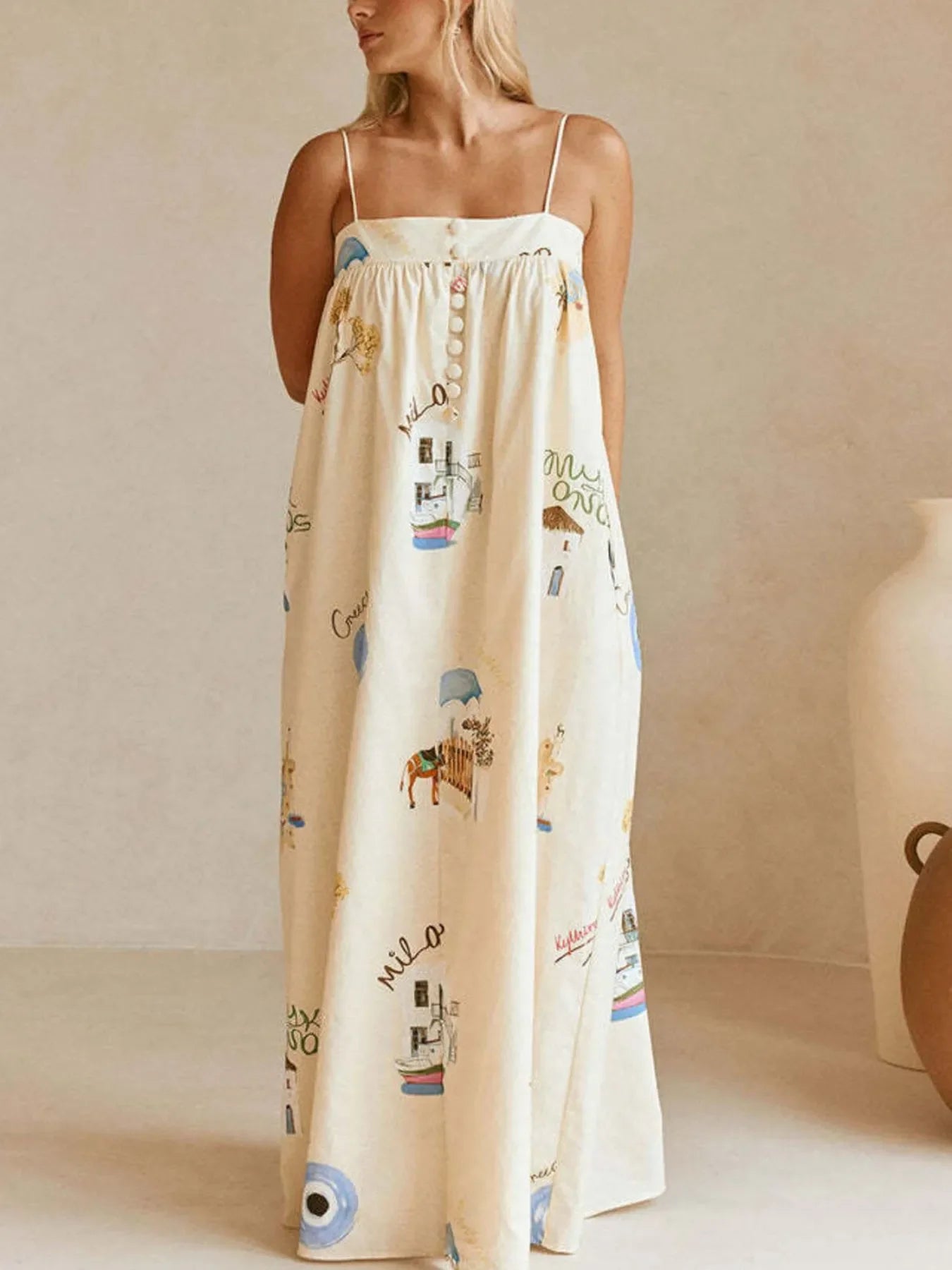 Bohemian Print Cami Maxi Dress With Pockets And Delicate Straps - Southern Shores Clothing