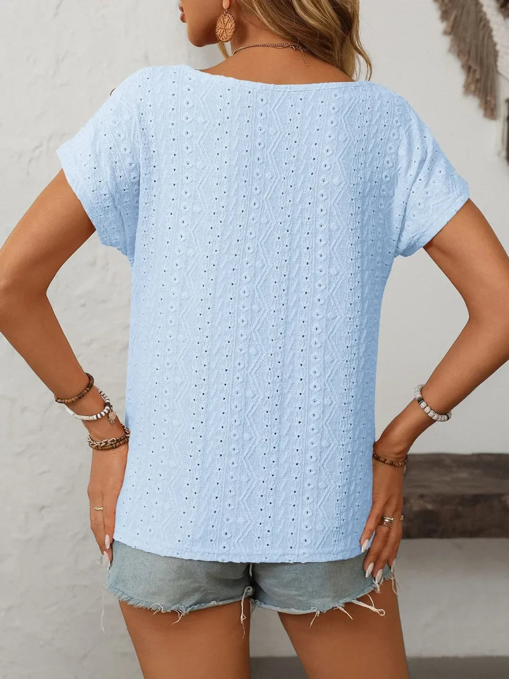 Eyelet Round Neck Short Sleeve Top With Decorative Button - Southern Shores Clothing