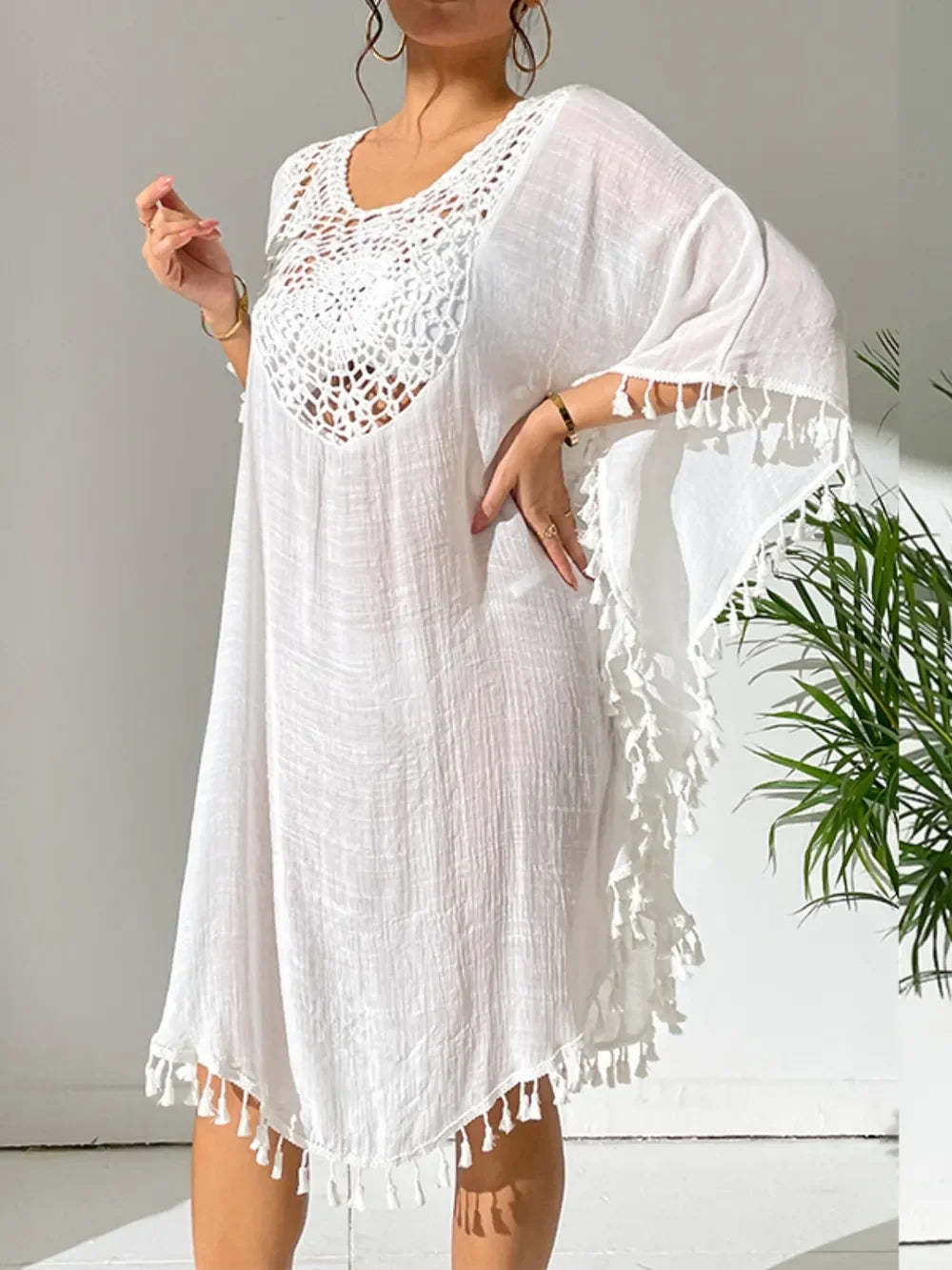Tassel Cutout Scoop Neck Cover Up Dress One Size - Southern Shores Clothing