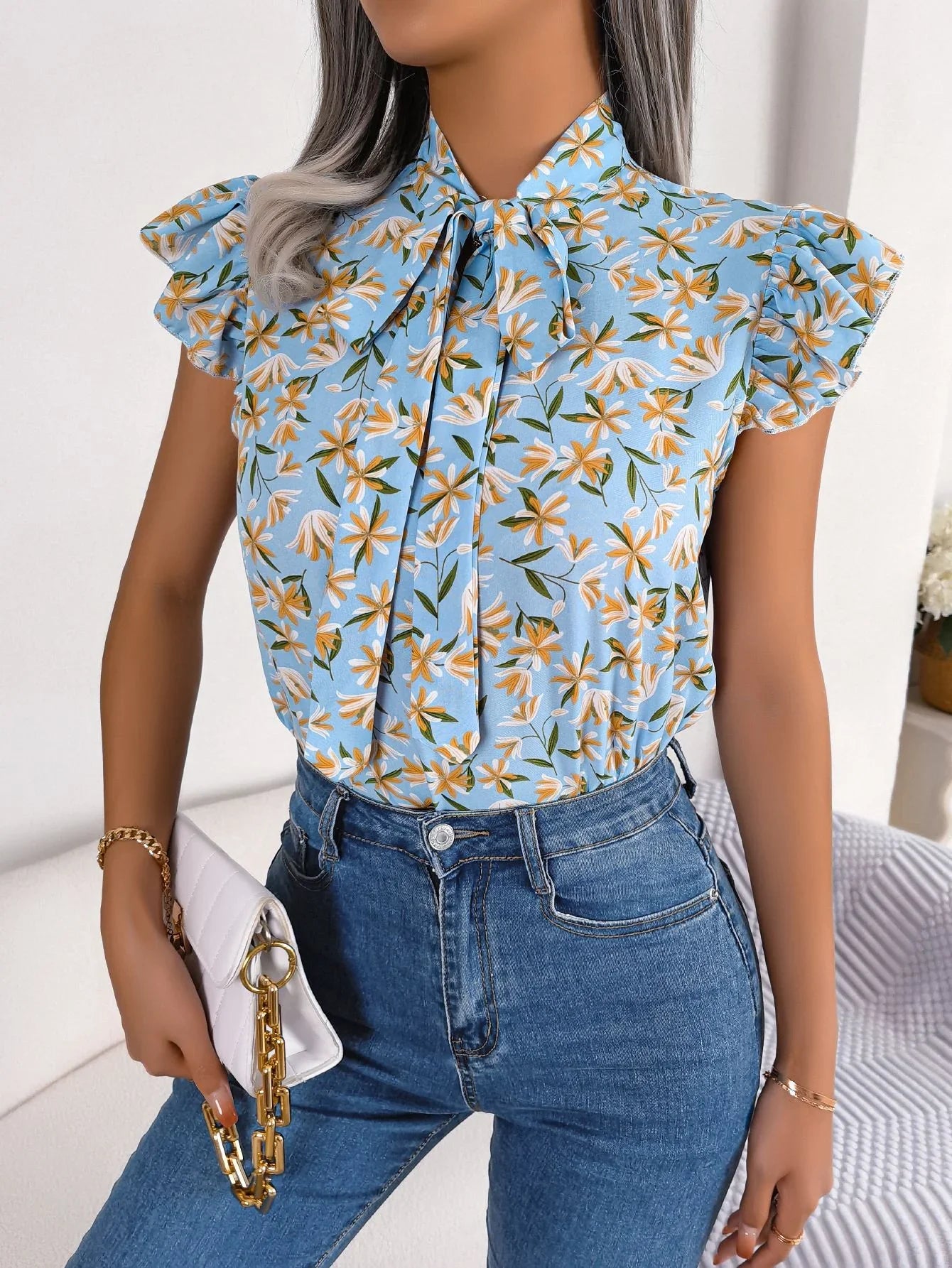 Floral Printed Tie Neck Flutter Sleeve Blouse Polyester - Southern Shores Clothing