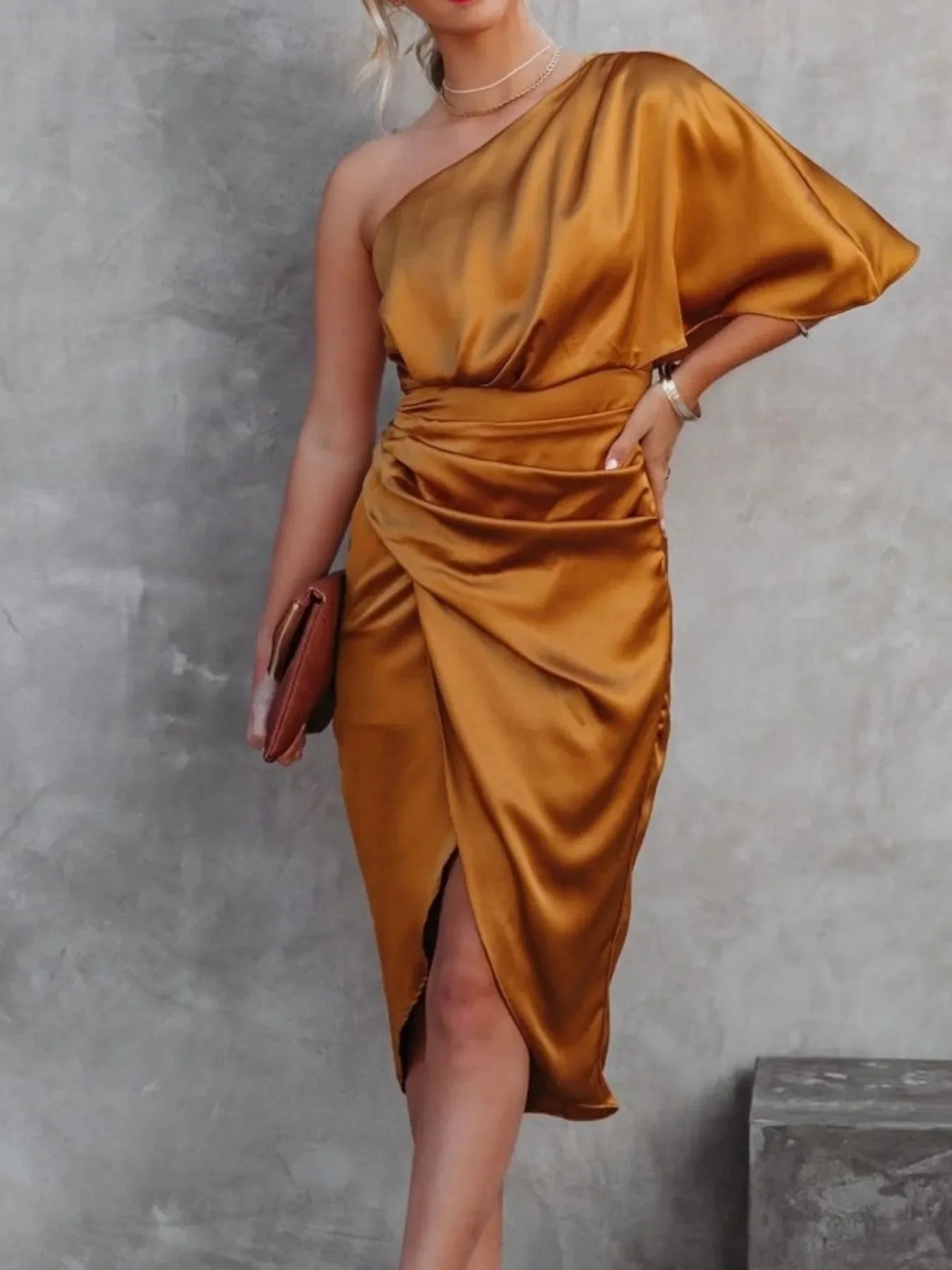 One-Shoulder Satin Wrap Dress With Side Slit - Southern Shores Clothing