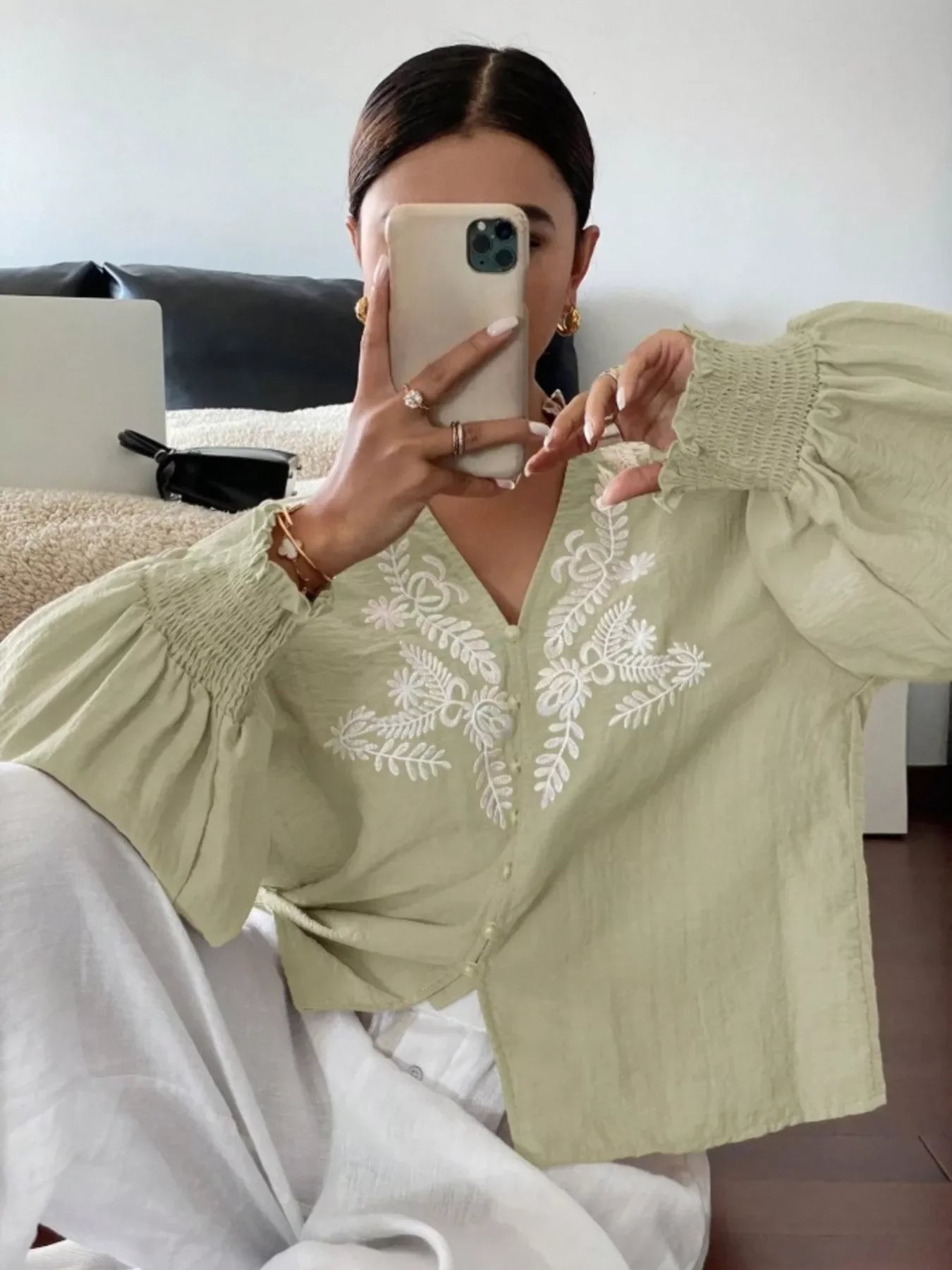 Southern Shores Elegant Embroidered Long Sleeve Buttoned Polyester Blouse With Je T'aime Design - Southern Shores Clothing