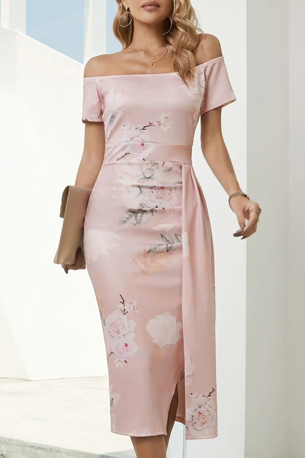Printed Off-Shoulder Split Dress - Southern Shores Clothing