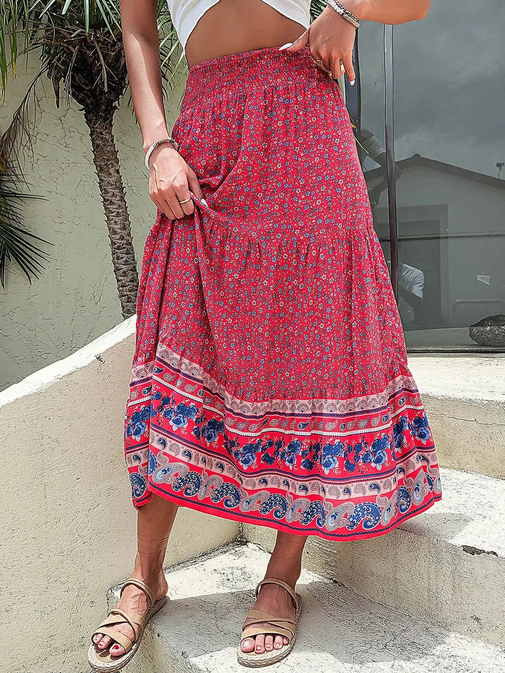 Printed Tiered High Waist Skirt With Allover Print - Southern Shores Clothing