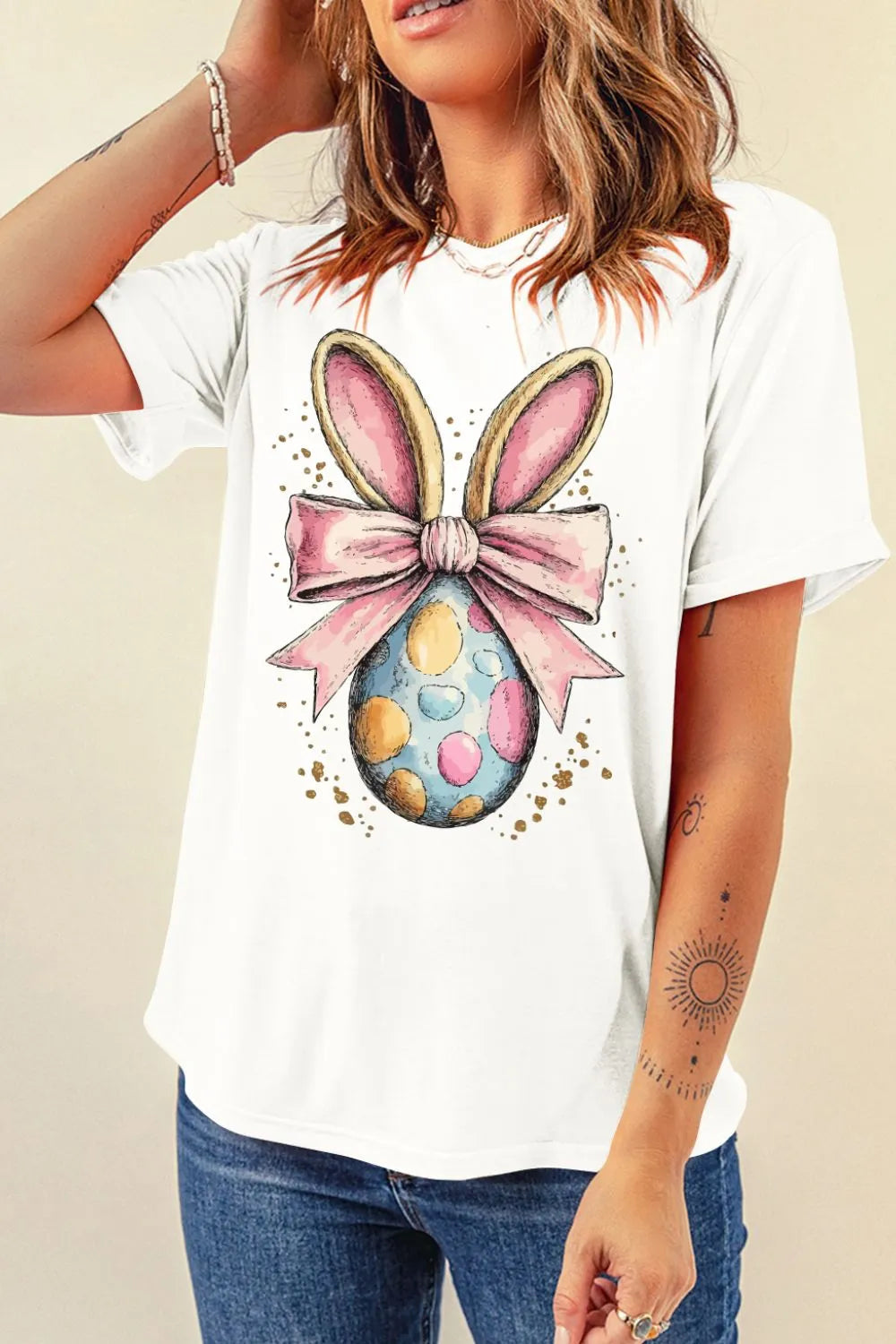 SYNZ Women's Easter Egg Bow Bunny Ear Graphic T-Shirt