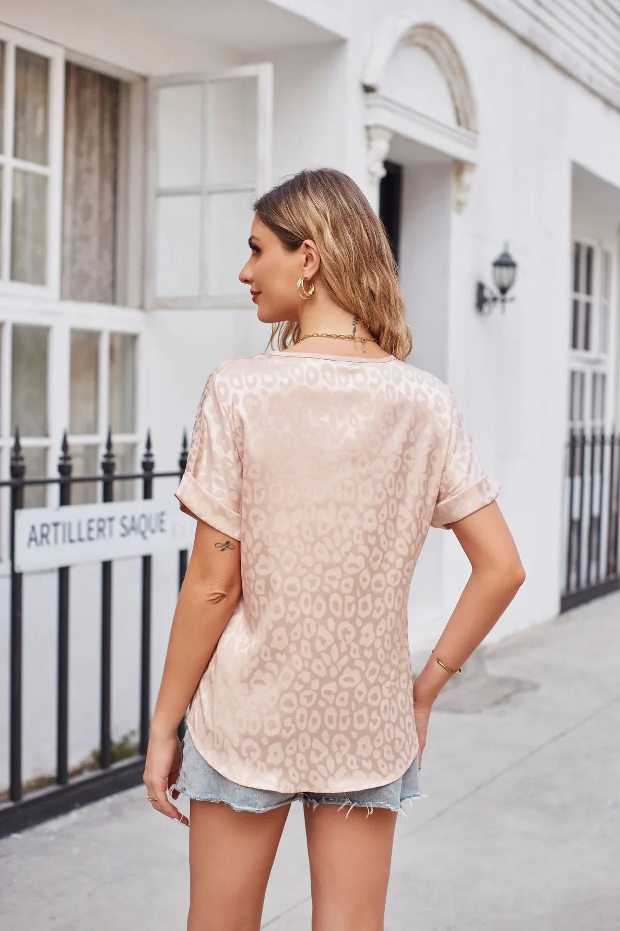 Leopard Print Satin Top With V-Neck And Short Sleeves - Southern Shores Clothing