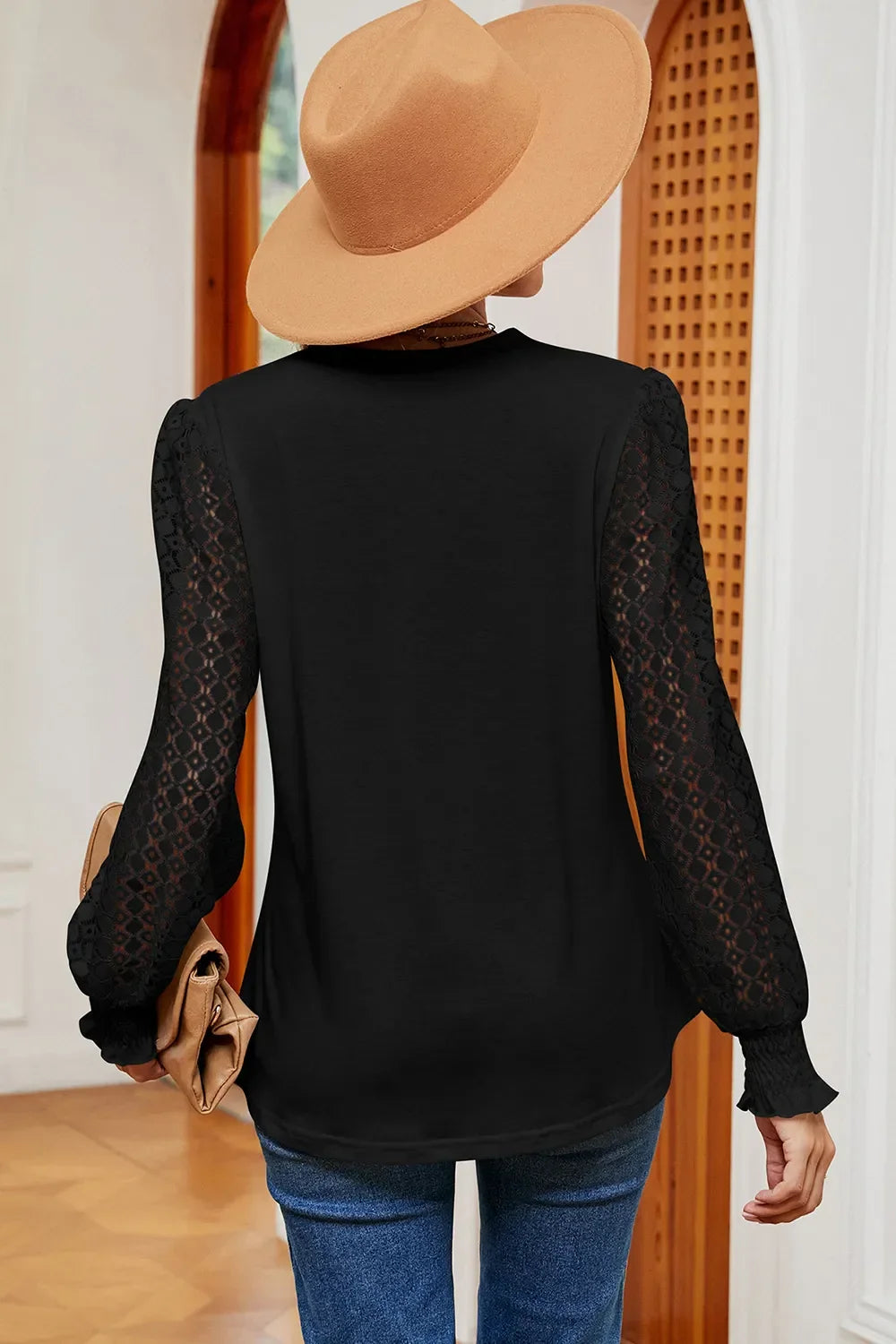 Openwork V-Neck Long Sleeve Sheer T-Shirt - Southern Shores Clothing
