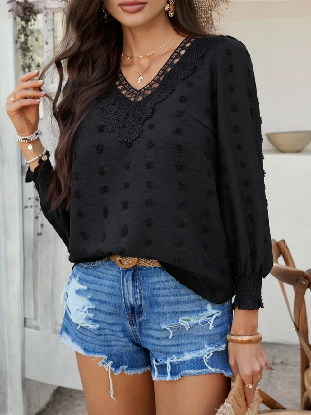 Swiss Dot Lace Detail V-Neck Long Sleeve Blouse - Southern Shores Clothing