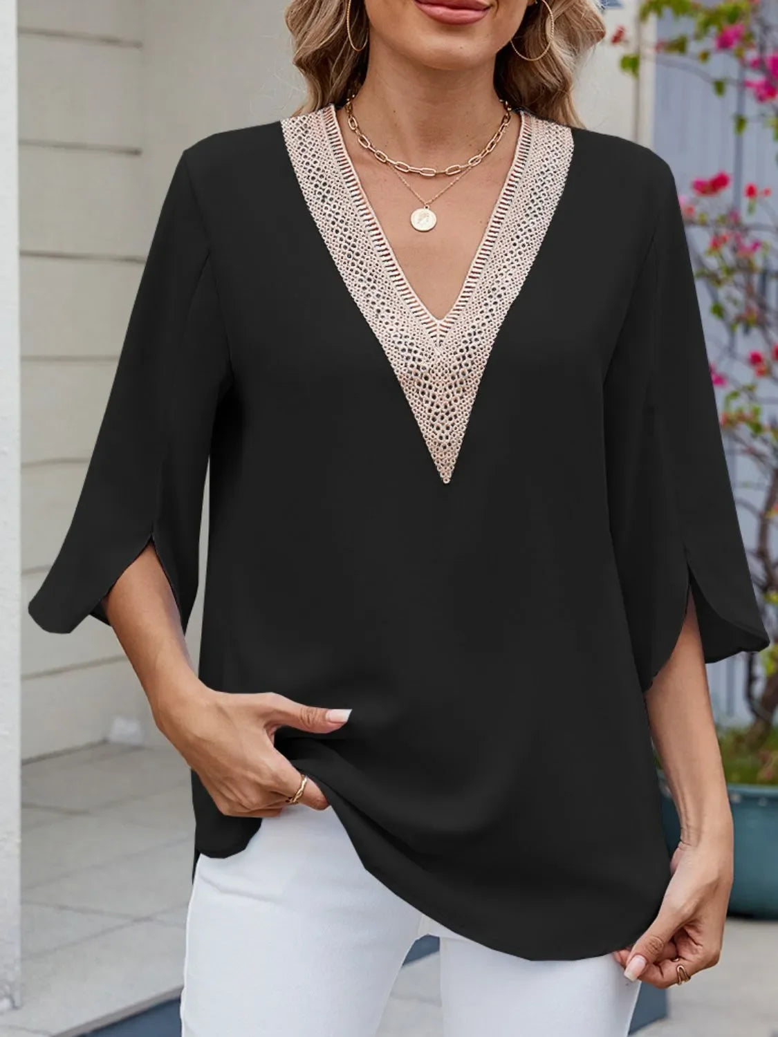 V-Neck Three Quarter Sleeve Lace Blouse Rayon Blend Fabric - Southern Shores Clothing