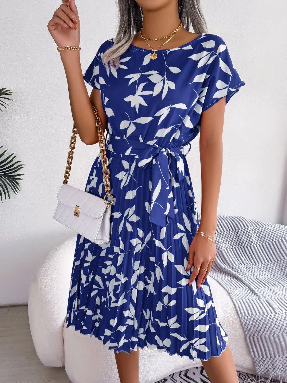 Printed Round Neck Short Sleeve Pleated Dress - Southern Shores Clothing