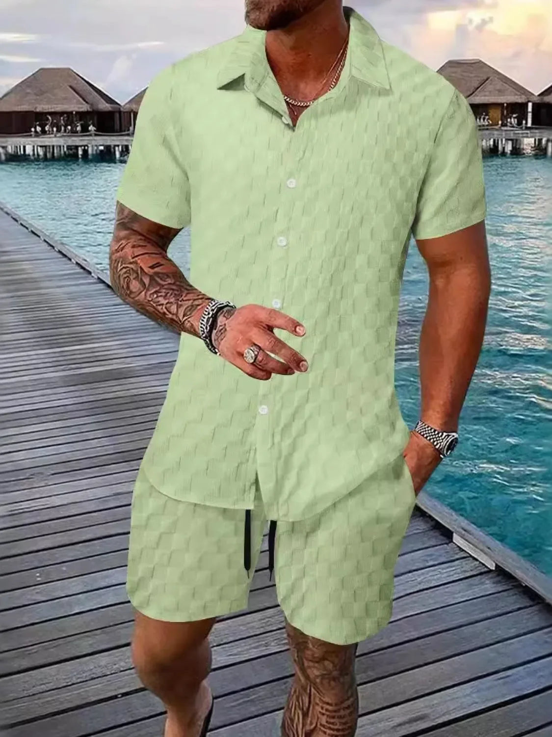 Men's Full Size Collared Neck Short Sleeve Top and Shorts Set Plus Size - Southern Shores Clothing